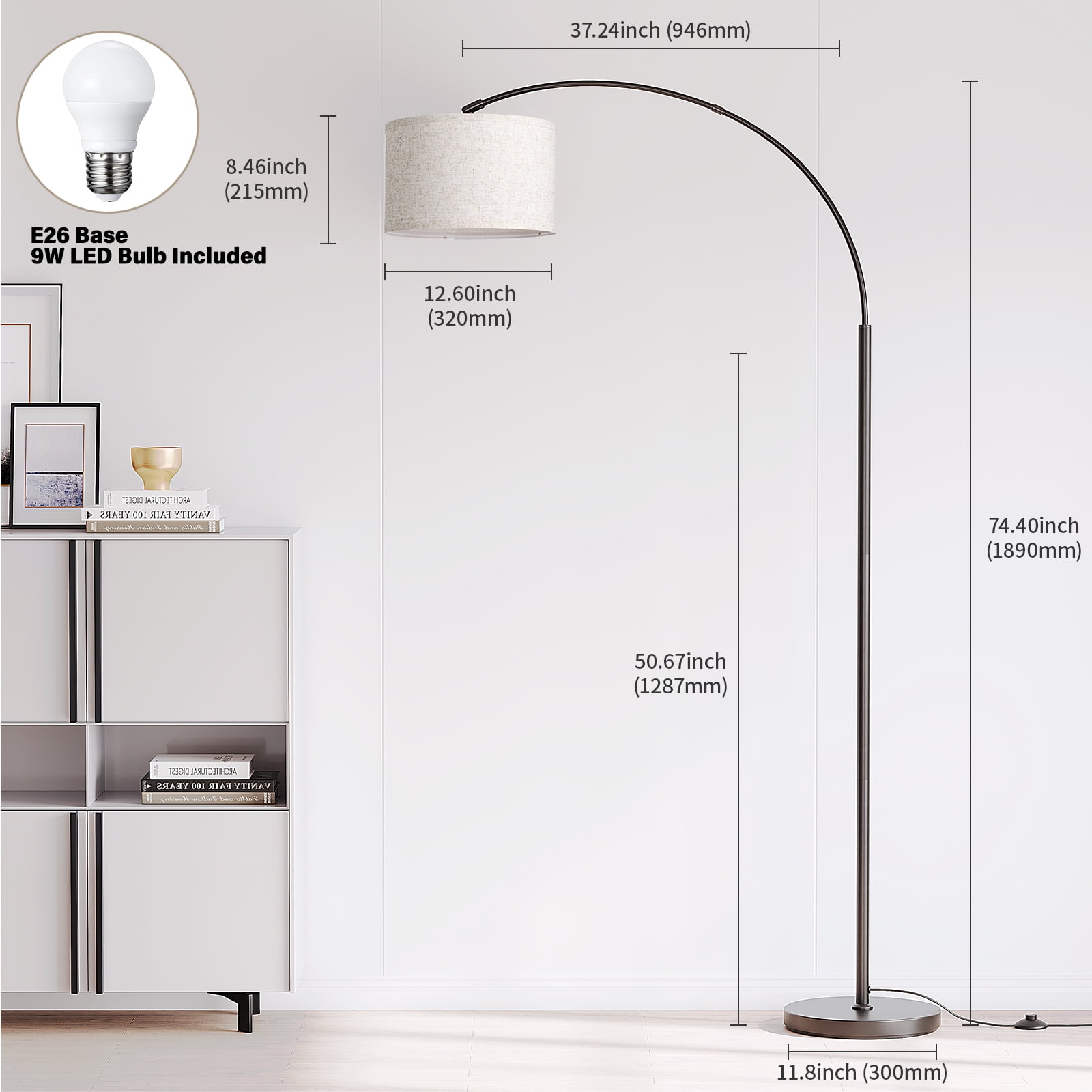 SUNMORY 75 in Arc Floor Lamp, Modern Standing Lamp with 3-Color Temperature LED Bulb, Adjustable Linen Shade & Weighted Base (75 in) iroey