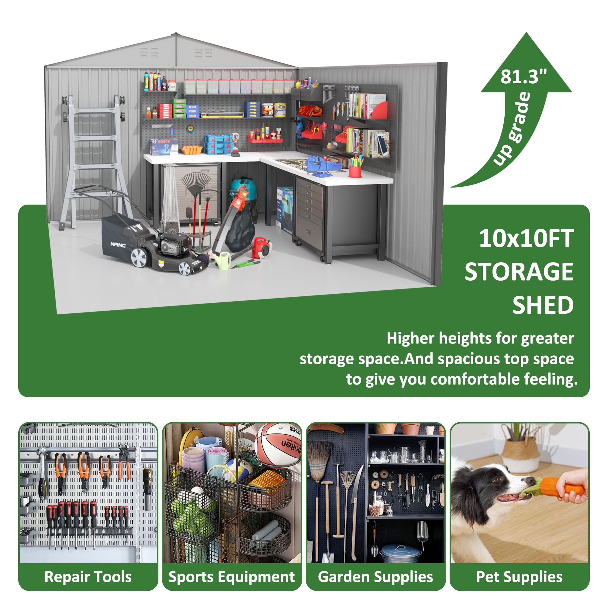 NETAJE Outdoor Metal Storage Shed with Lockable Doors and Sloped Roof (Gray, 10 ft x 10 ft) z15n8