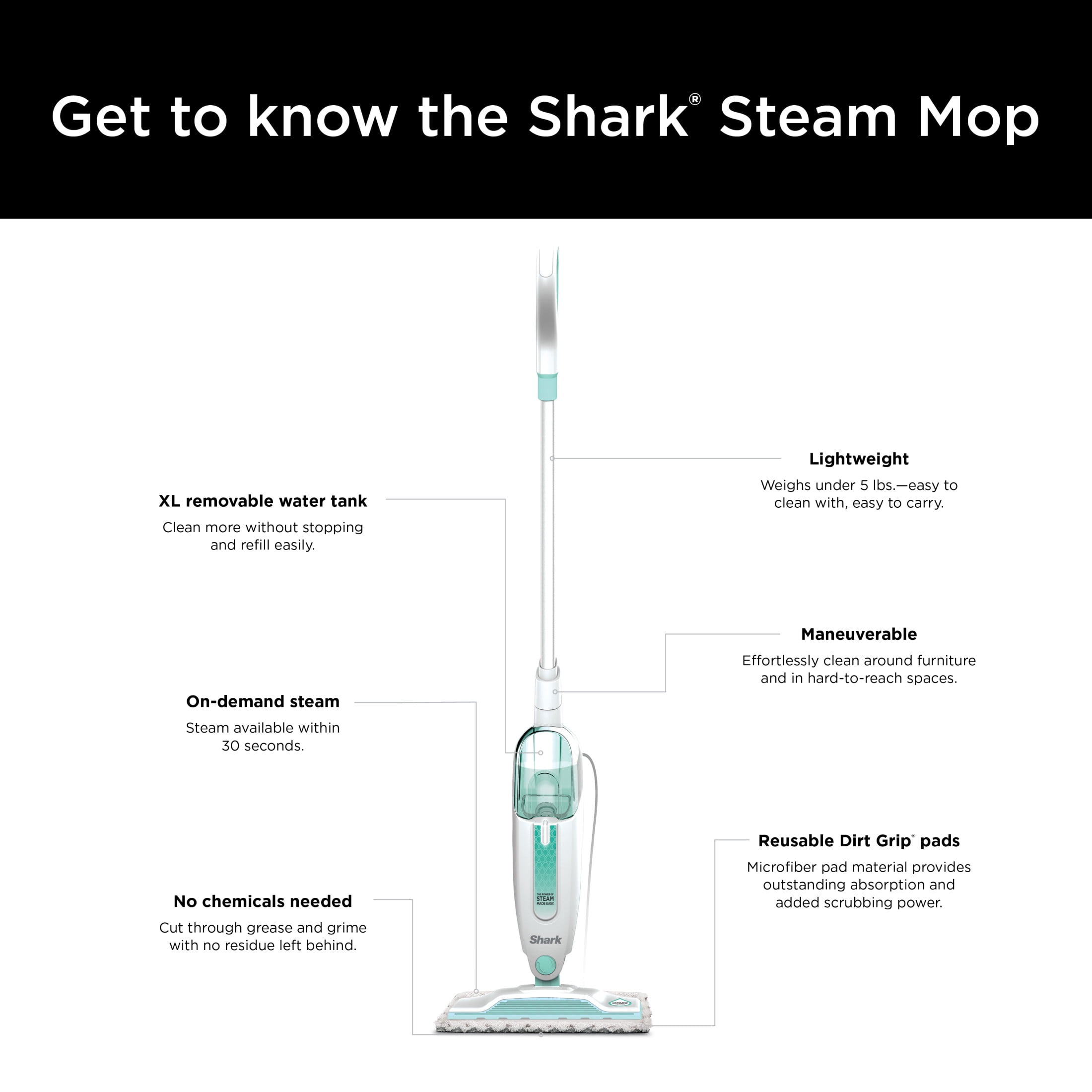 Shark Steam Mop, Corded Hard Floor Cleaner, Chemical-Free Sanitization, Lightweight Design (White, 18 ft Cord) rk0do