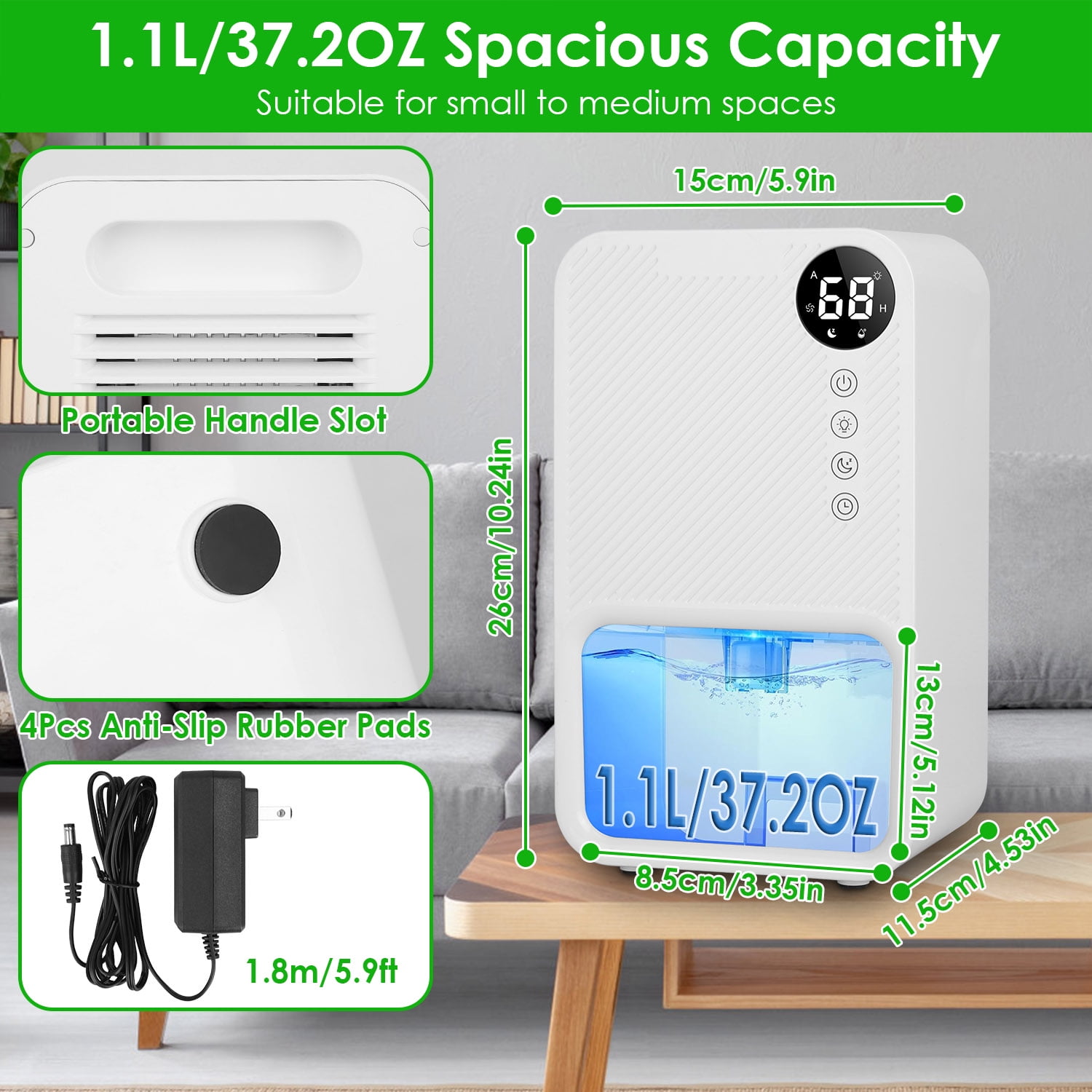 iMounTEK Portable Dehumidifier for Home, Quiet Small Room Moisture Remover with Auto Shut-Off and 7-Color LED (White, 37 fl oz) o4xcs
