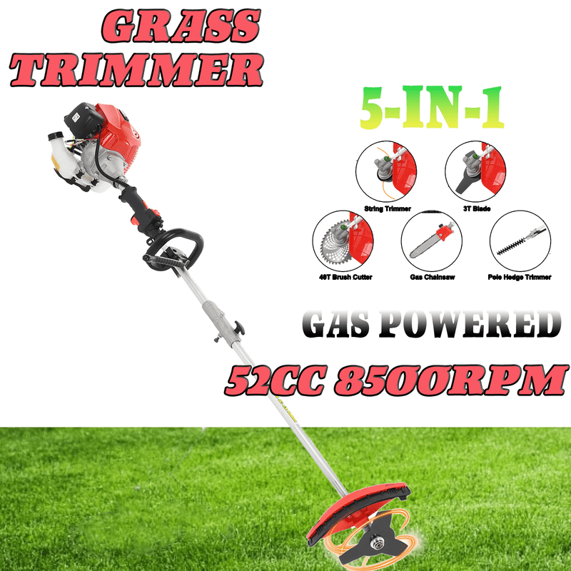 Floseru 5-in-1 Gas String Trimmer and Brush Cutter, 52cc 2-Cycle Engine, Multi-Functional Yard Tool (Red, 1 Unit) 1z2bx