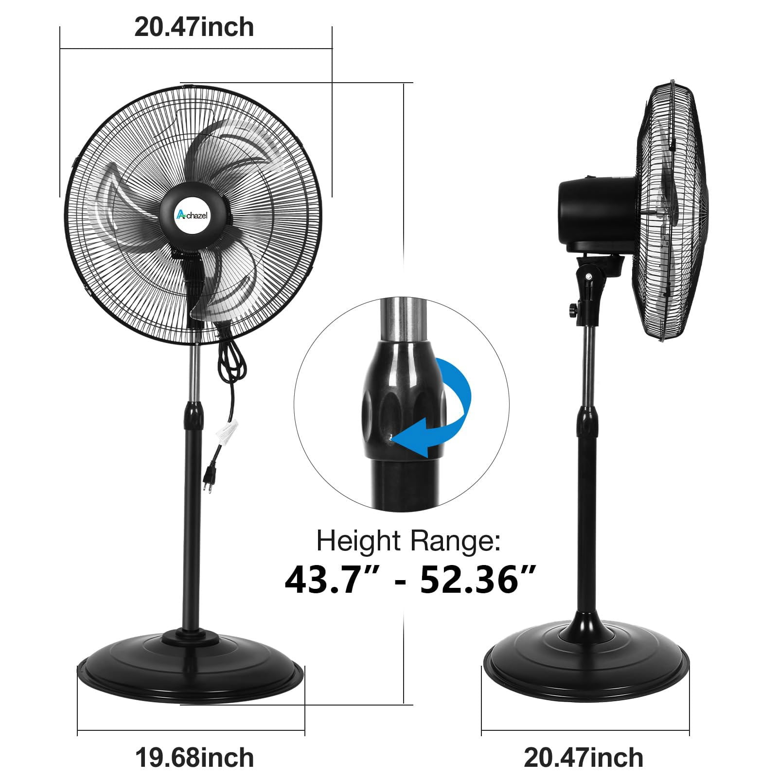 Achazel 18 in Oscillating Pedestal Fan, 3-Speed Heavy-Duty Industrial Standing Fan with Adjustable Height (Black, 18 in) 7sa2h