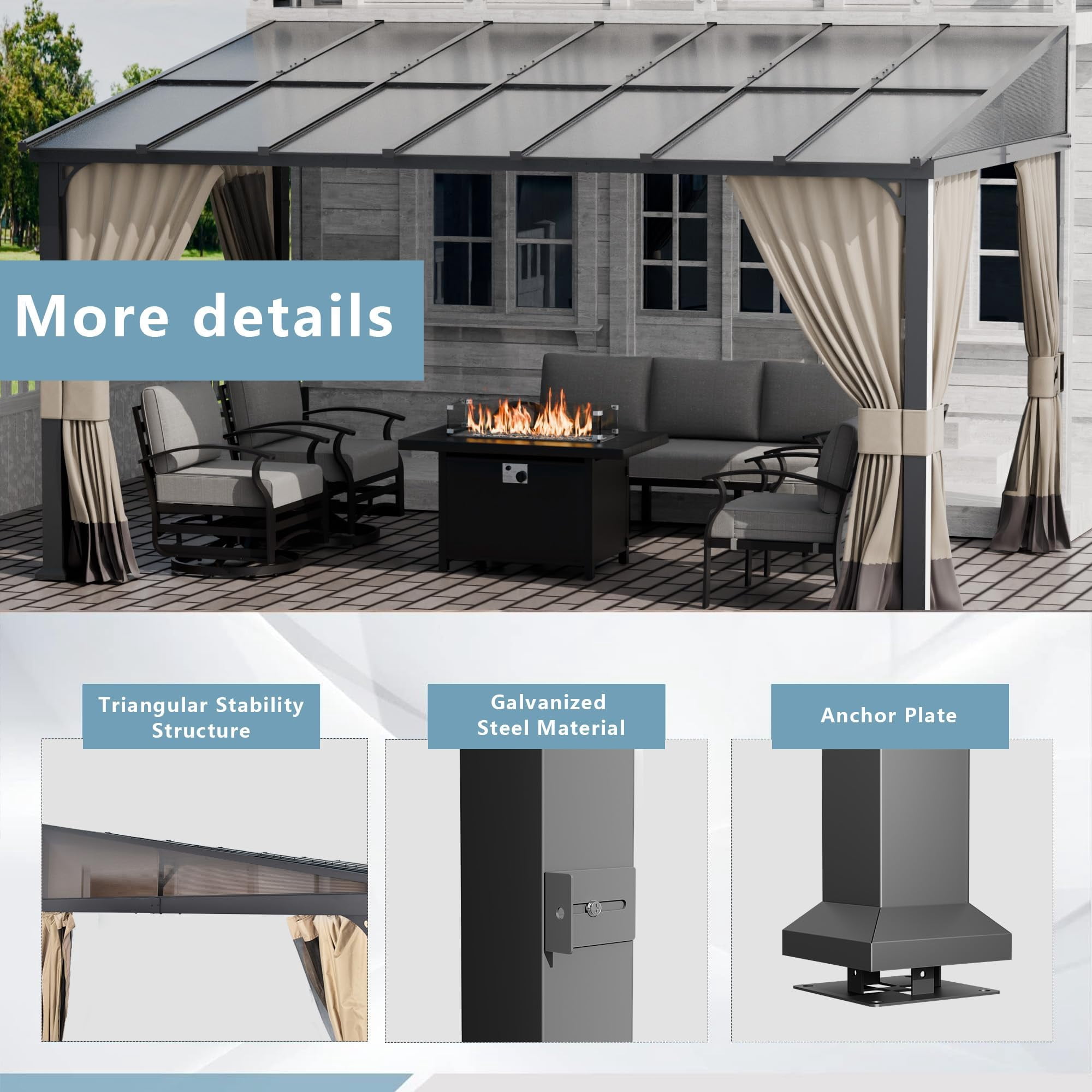 ALAULM Wall Mount Hardtop Gazebo with Curtains and Netting, Outdoor Patio Pergola (Sand, 10 ft x 14 ft) d3rk4
