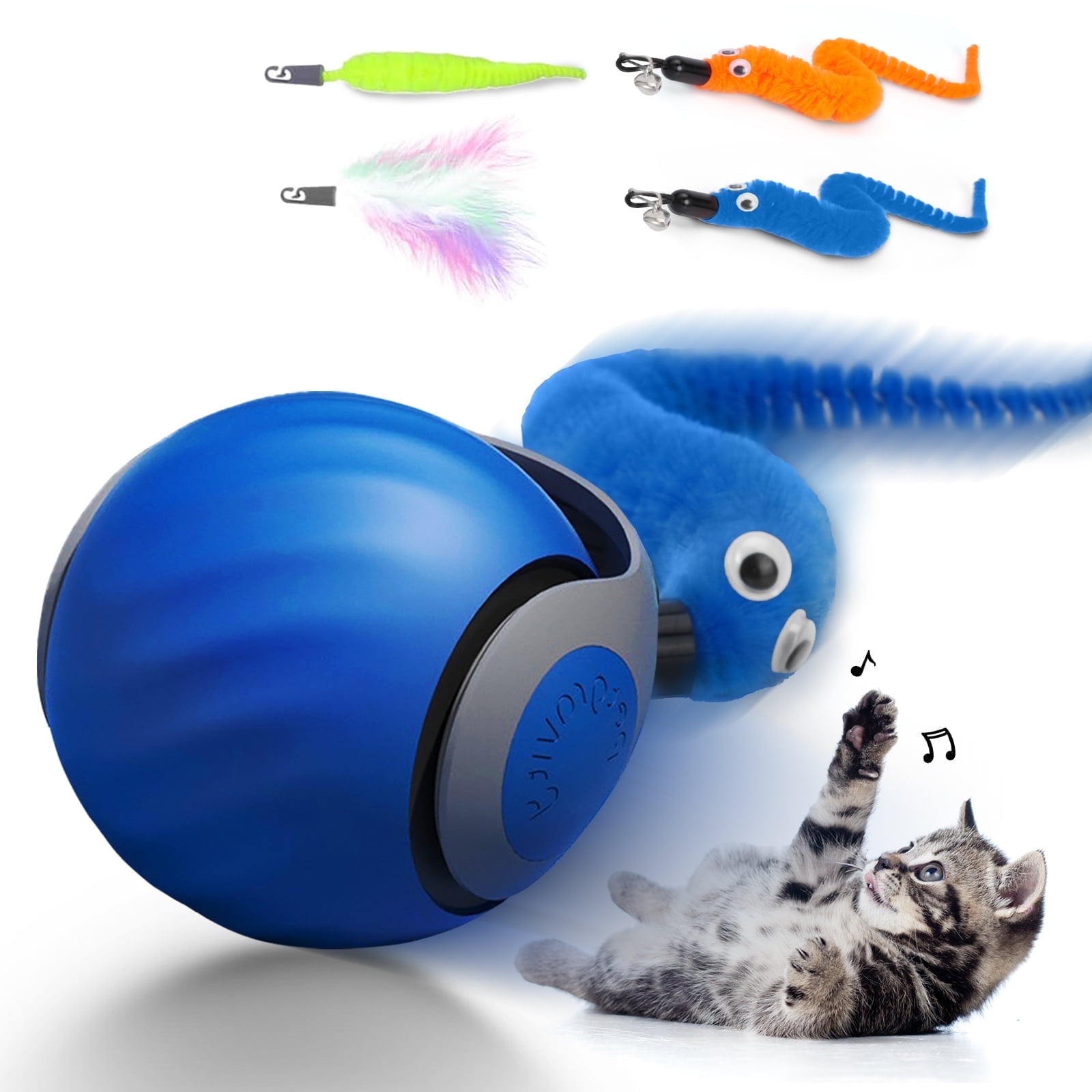 Risehigh Smart Interactive Cat Toy Ball, Rechargeable Automatic Rolling Toy with Feather Accessory (Blue) 9jac2