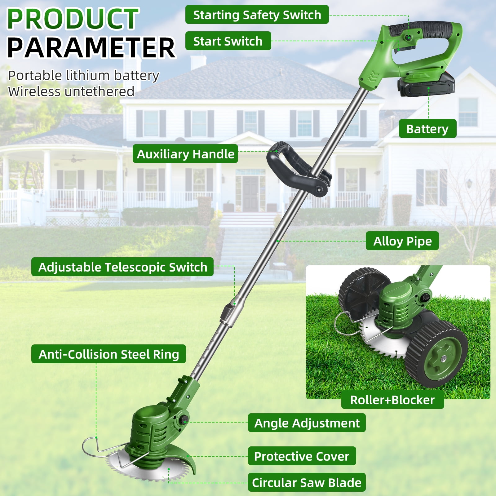 ZLieatmp Cordless Electric Lawn Mower and Weed Trimmer with 2 Batteries and 5 Blade Types (Green, 33-47 in) thukj