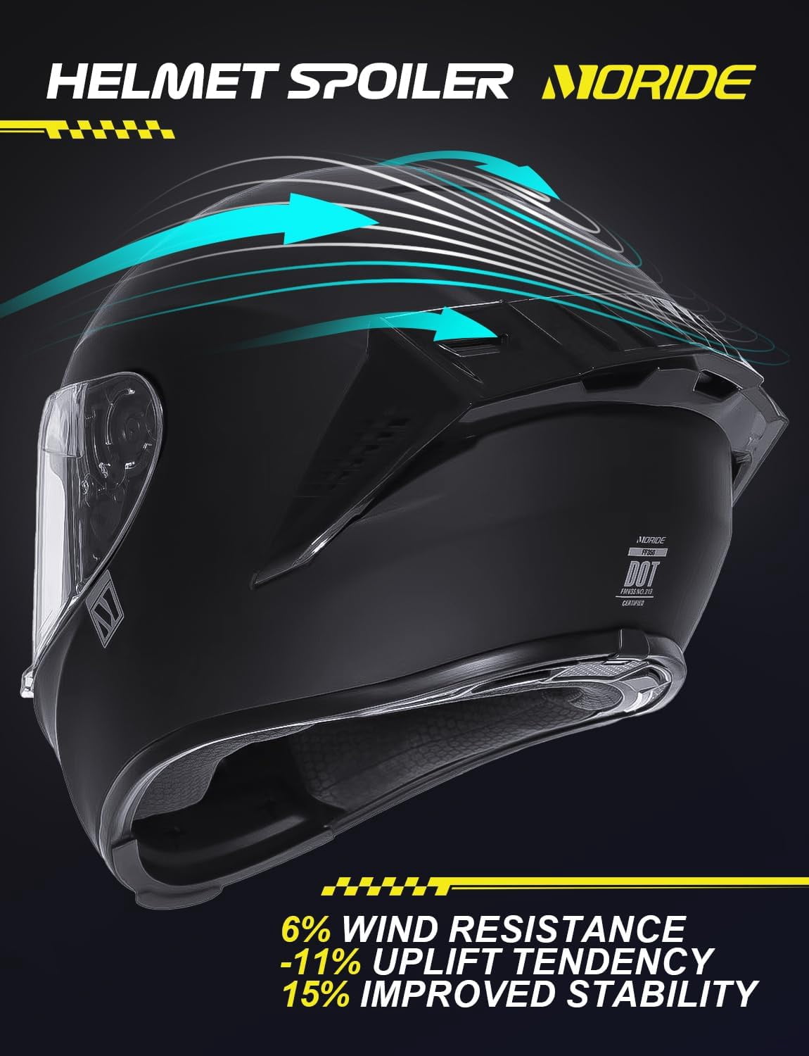 Moride Full Face Motorcycle Helmet with Aerodynamic Spoiler (Black, Large) u3xj8
