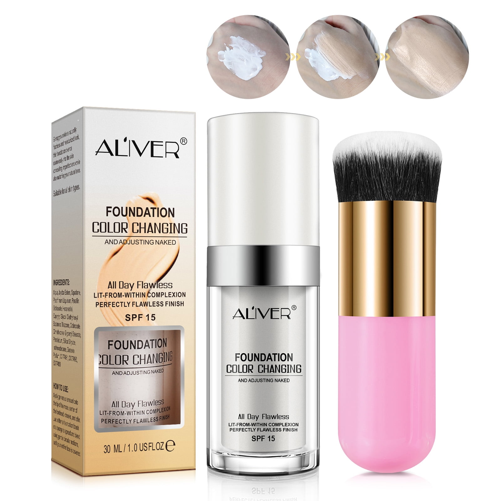 ALIVER Color Changing Liquid Foundation with Makeup Brush (Warm Skin Tone, 1.0 fl oz) g2eh7