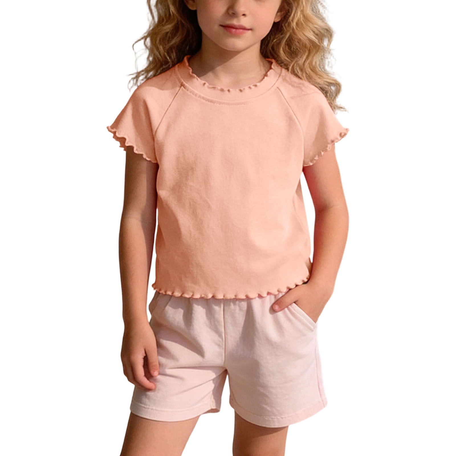 SROBPTY Girls Short Sleeve Crew Neck Lace Trim Casual Summer T-Shirt (Orange, 12M-9Y) zombp