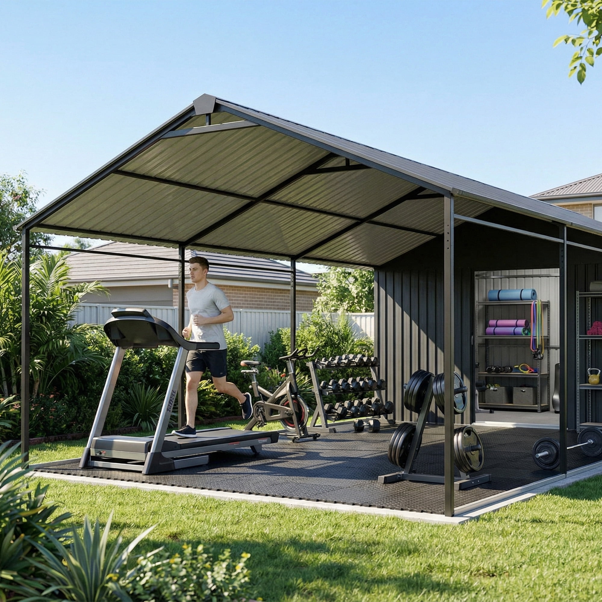 FOROUTIA Heavy-Duty Metal Carport with Integrated Storage Shed, All-Weather Outdoor Garage Shelter for Vehicles and Equipment (Dark Gray, 12 ft x 25 ft) zr1rq