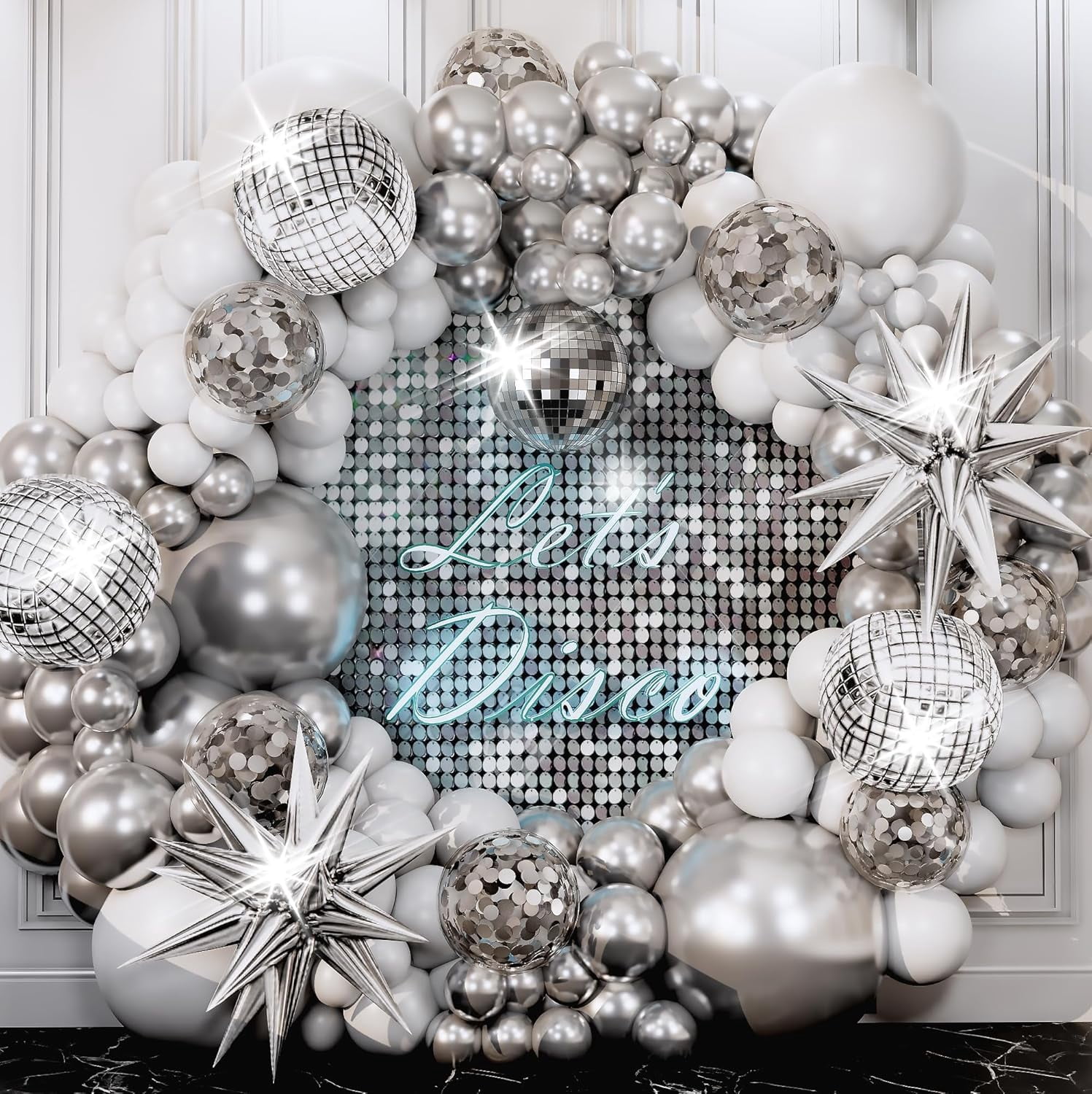 Sheryl Décor Disco Balloon Arch Kit for Party Decorations (Silver and White, 100-Piece Set) 1xoes