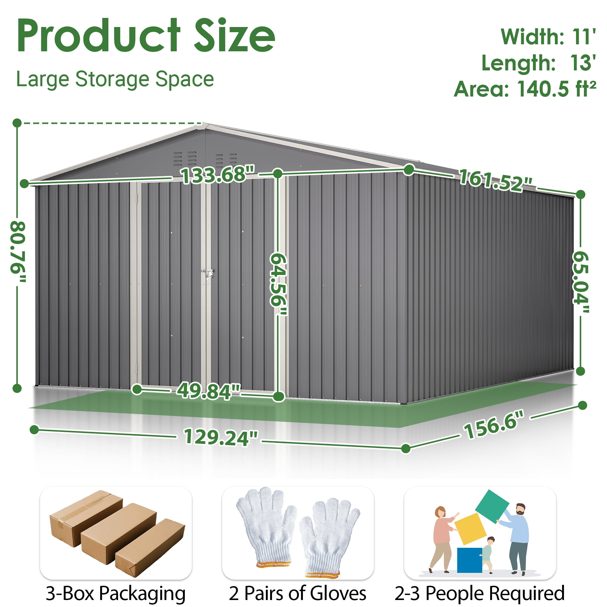 LZBEITEM Outdoor Storage Metal Shed, Galvanized Steel Garden Tool House with Floor Frame Kit and Lockable Doors (Gray, 11 x 13 ft) rda6a
