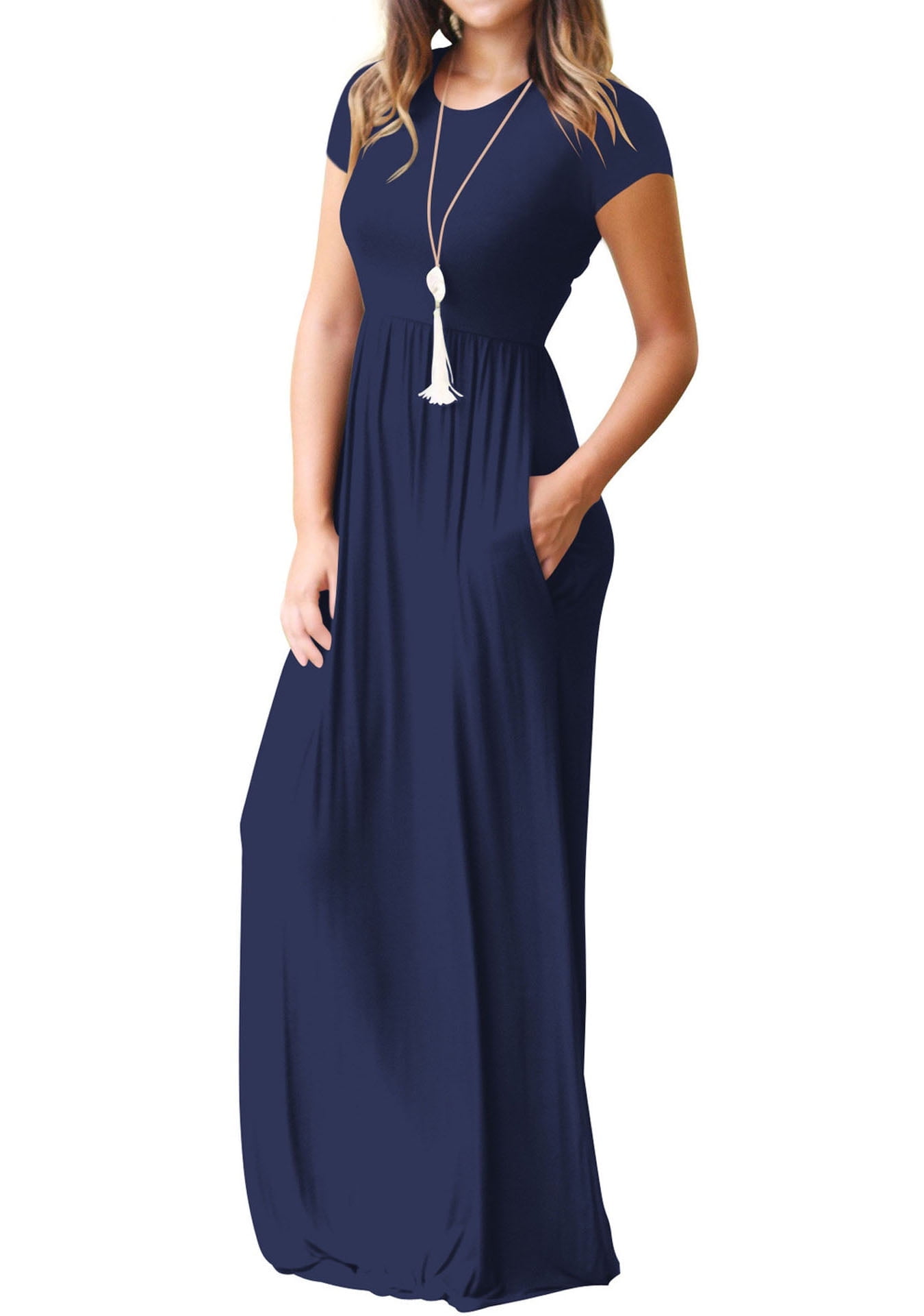 Mengpipi Women's Short Sleeve Maxi Dress Casual Loose Fit with Pockets (Navy Blue, M) 9y28z