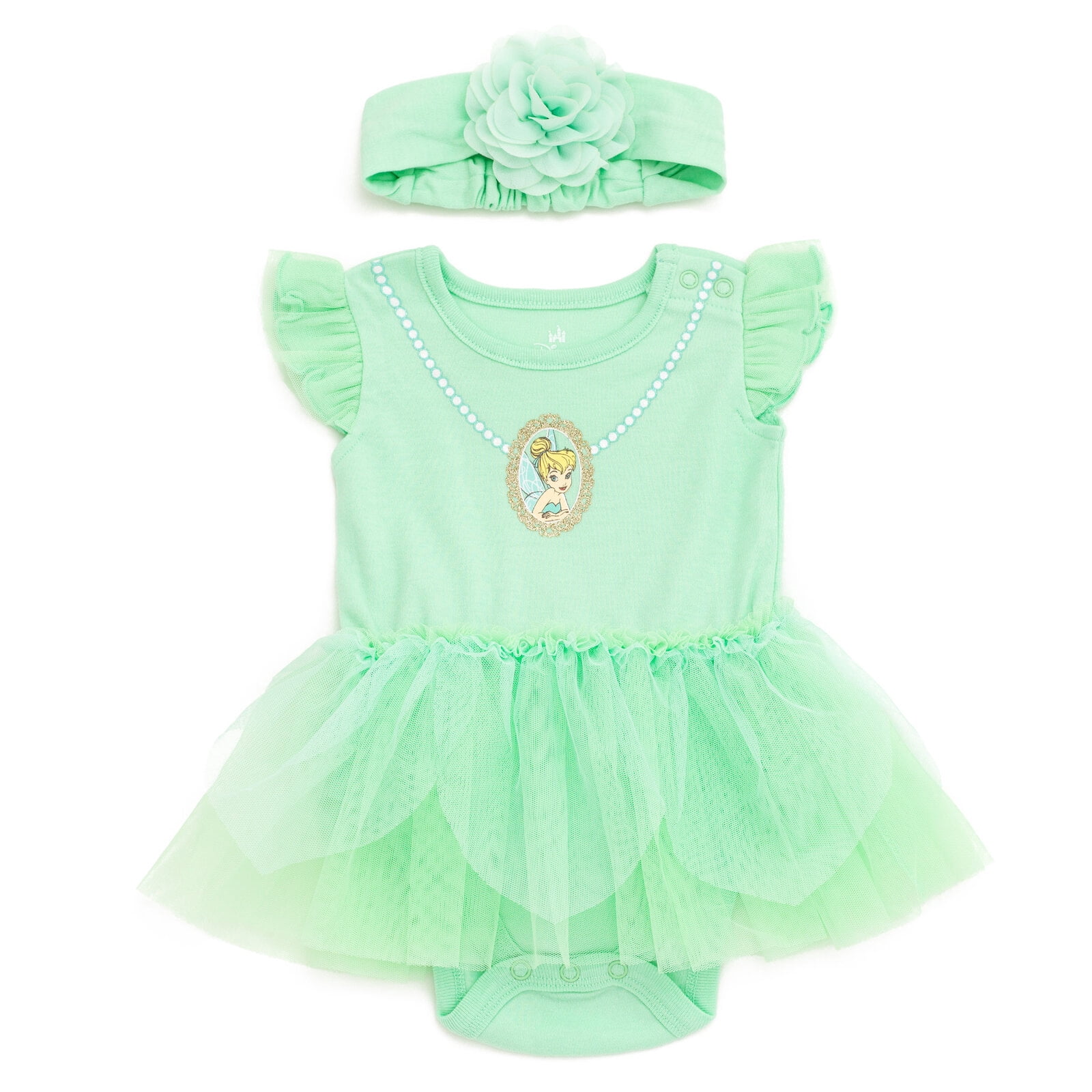 Disney Tinker Bell Cosplay Bodysuit with Skirt Overlay and Headband Outfit Set (Green, 0-24 Months) j1h2f