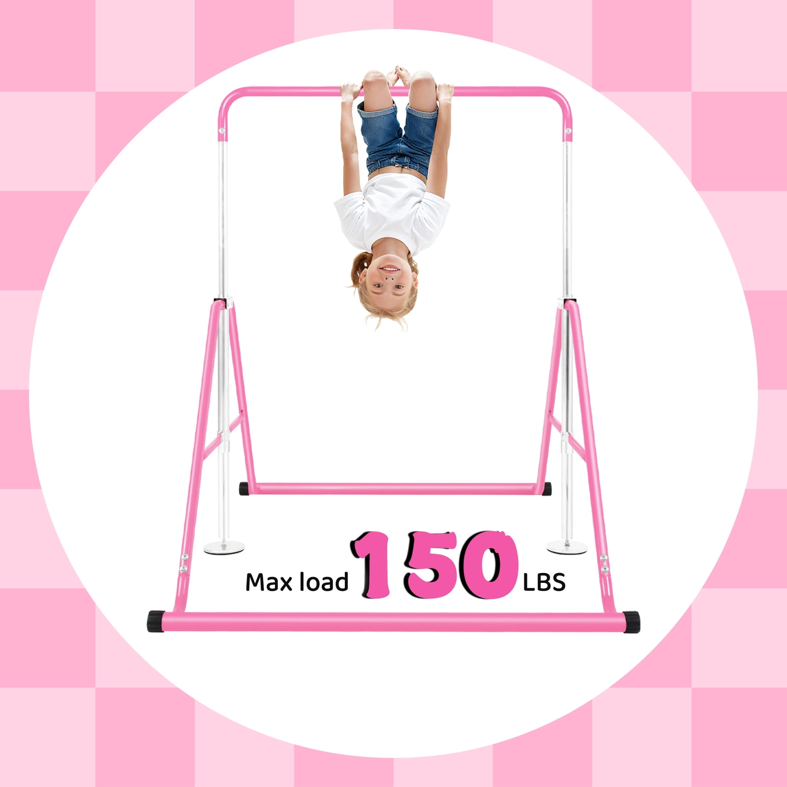 Primy Gymnastics Bar for Kids, Height Adjustable Horizontal Training Bar, Foldable Home Exercise Equipment (Pink, 150 lb Capacity) zca0t