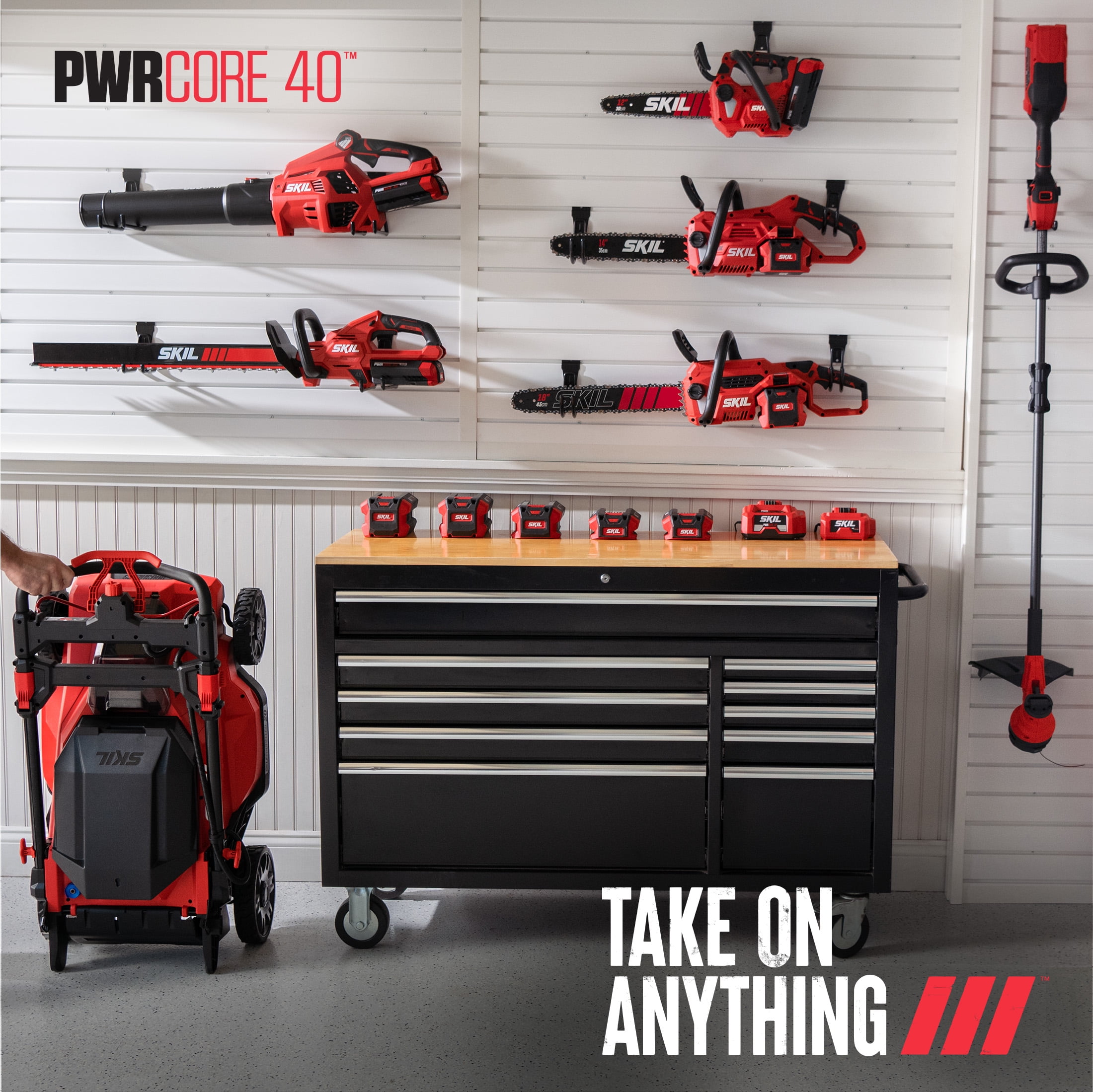 SKIL PWR CORE 40V Brushless 15-Inch String Trimmer Kit with 2.0Ah Battery and 60W Charger (Red, 15 in) adjg5