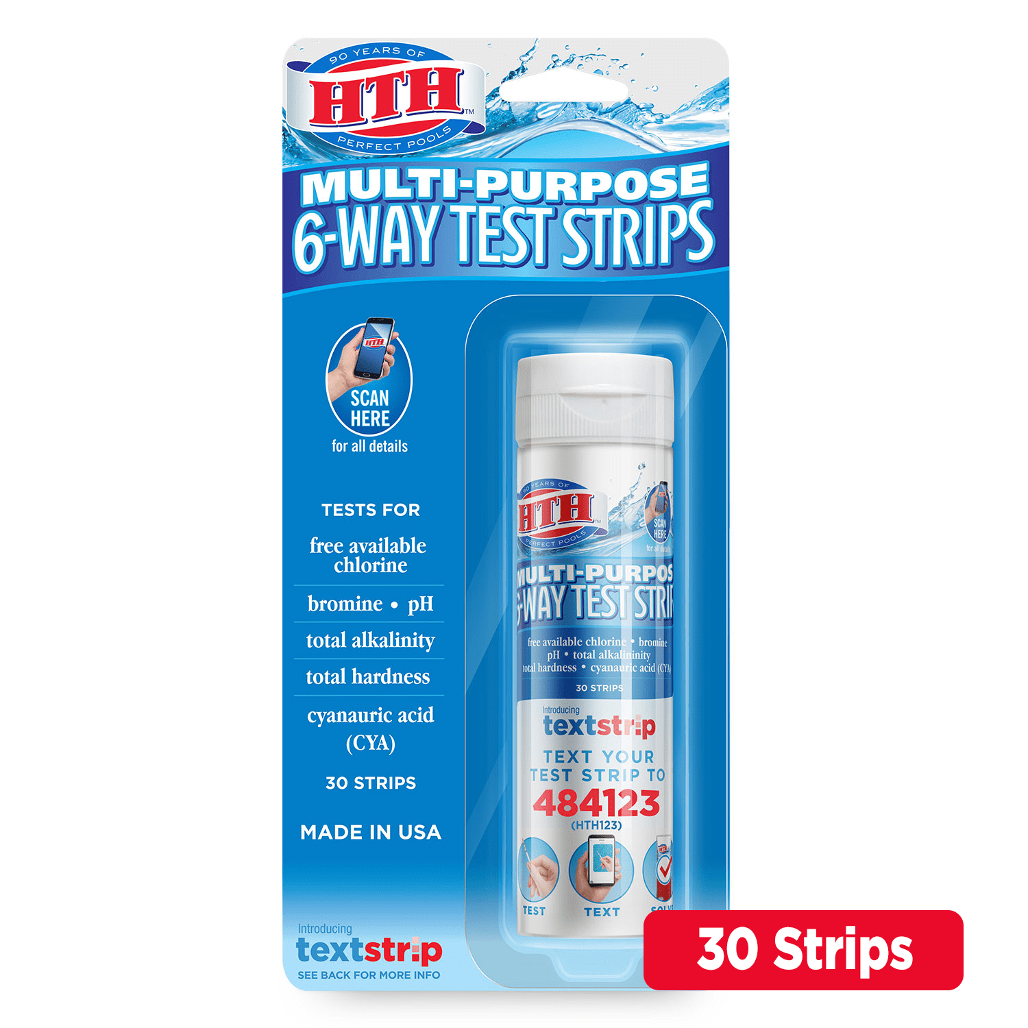 HTH 6-Way Pool Water Test Strips for Chlorine Bromine pH Alkalinity Hardness and CYA (30 Count) ajebe