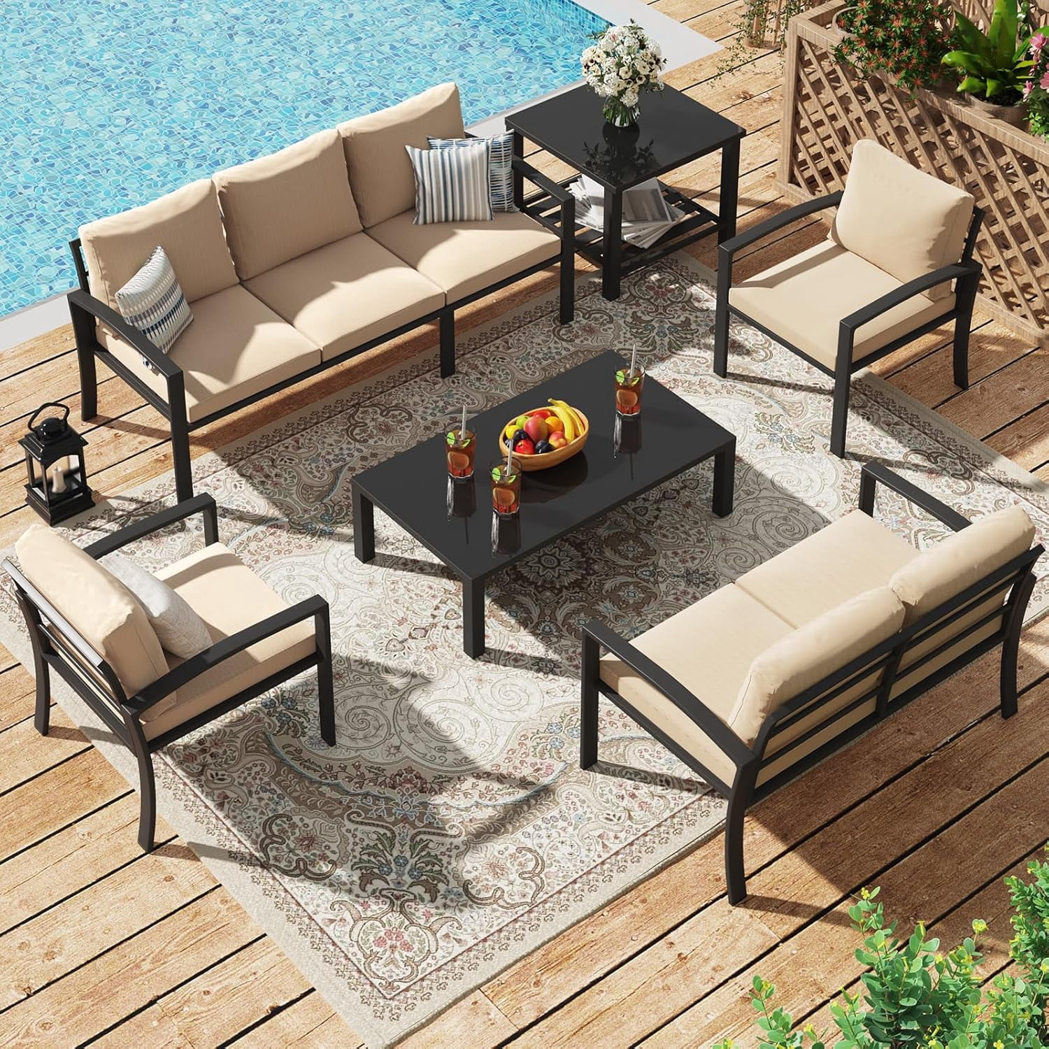 AECOJOY 7-Seat Aluminum Patio Furniture Set with Coffee and Side Tables (Beige, 69 in x 28.5 in x 28 in) q78ci