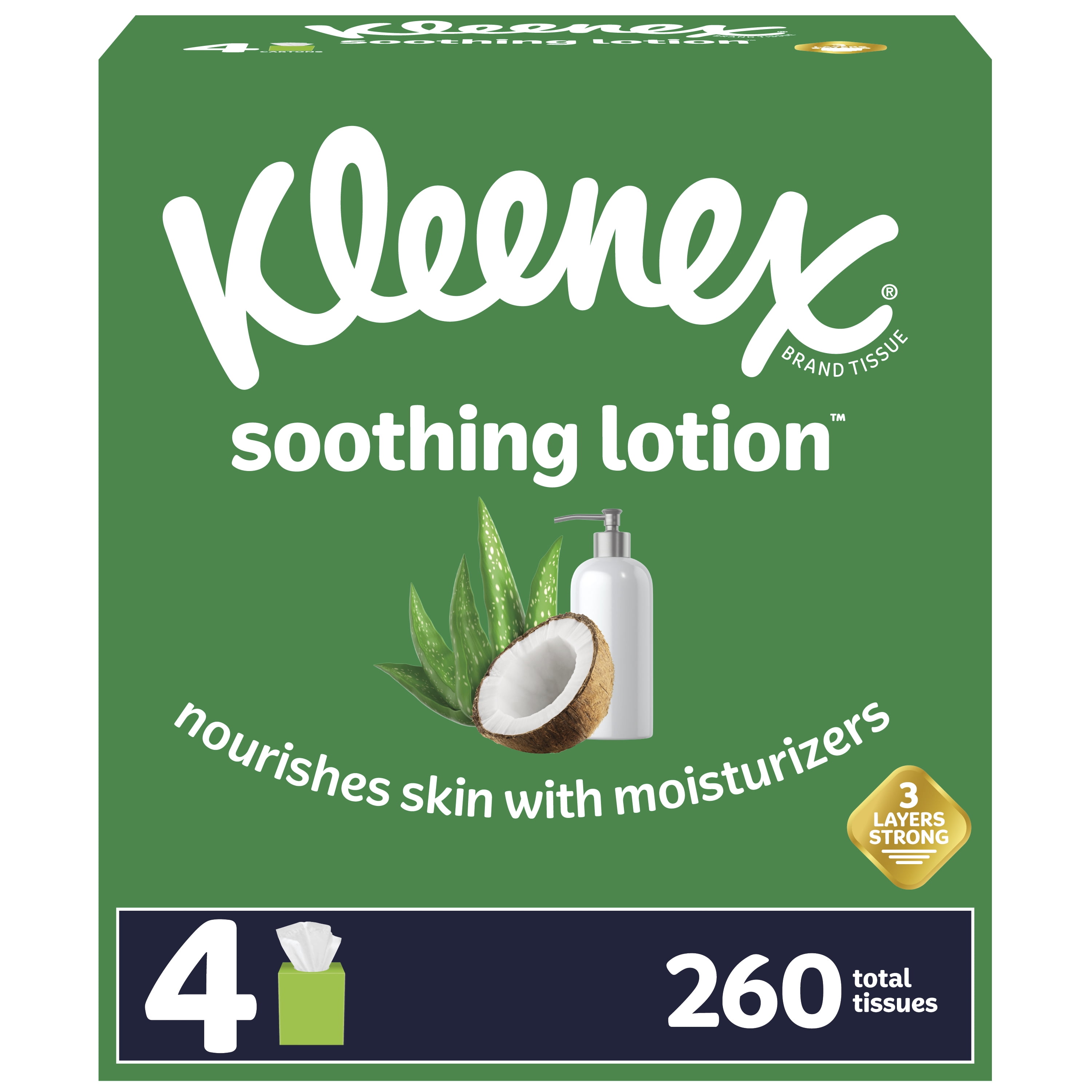 Kleenex Soothing Lotion Facial Tissues, 3-Ply Softness with Aloe and Vitamin E (White, 4 Cube Boxes, 260 Total Tissues) v4o9o
