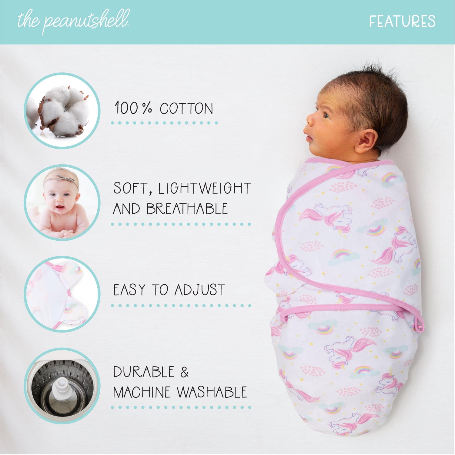 The Peanutshell Newborn Baby Swaddle Wrap Set (Rainbow Unicorn, 3 Pack) kd26v - Image 5