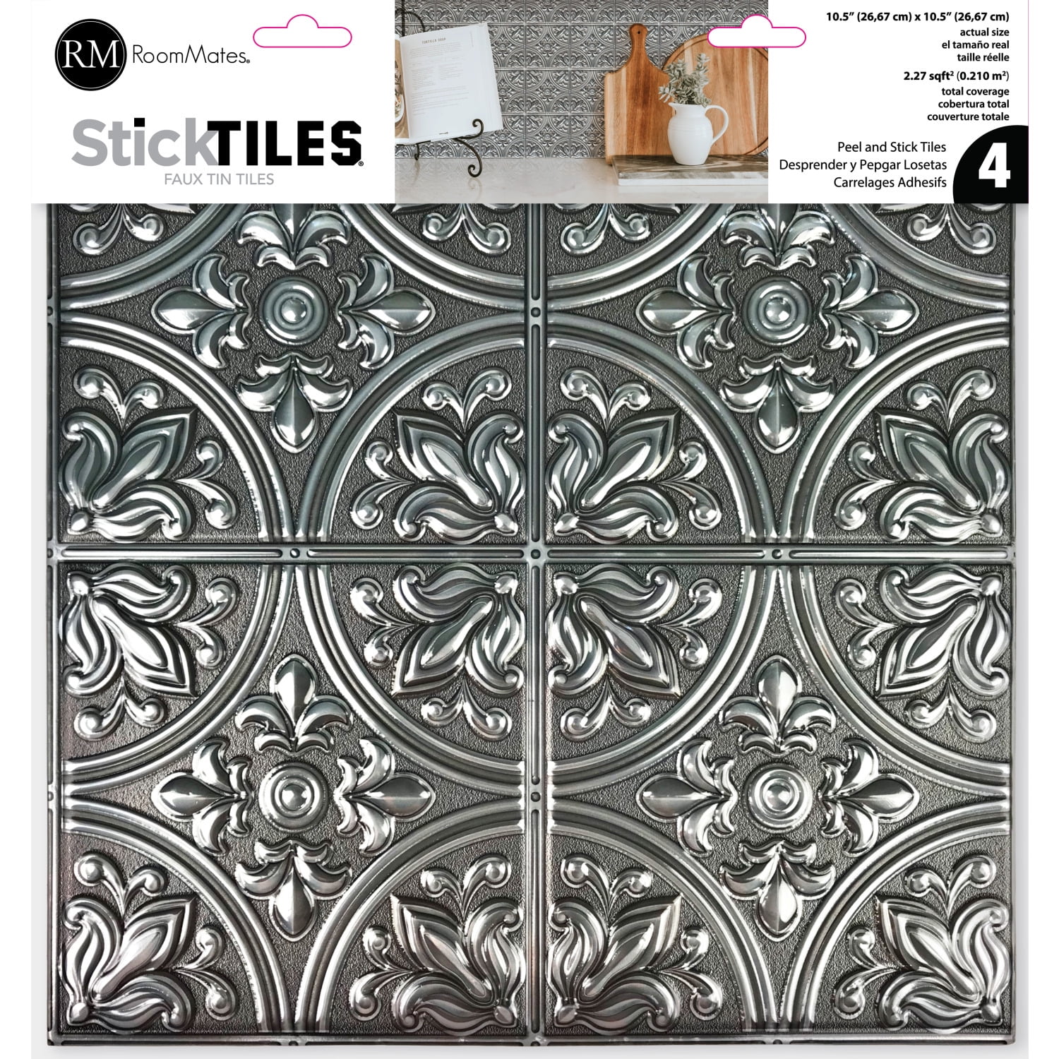 RoomMates Silver Tin Peel and Stick Backsplash Tiles (Silver, 4 Pack, 10.5 in x 10.5 in) jm6go