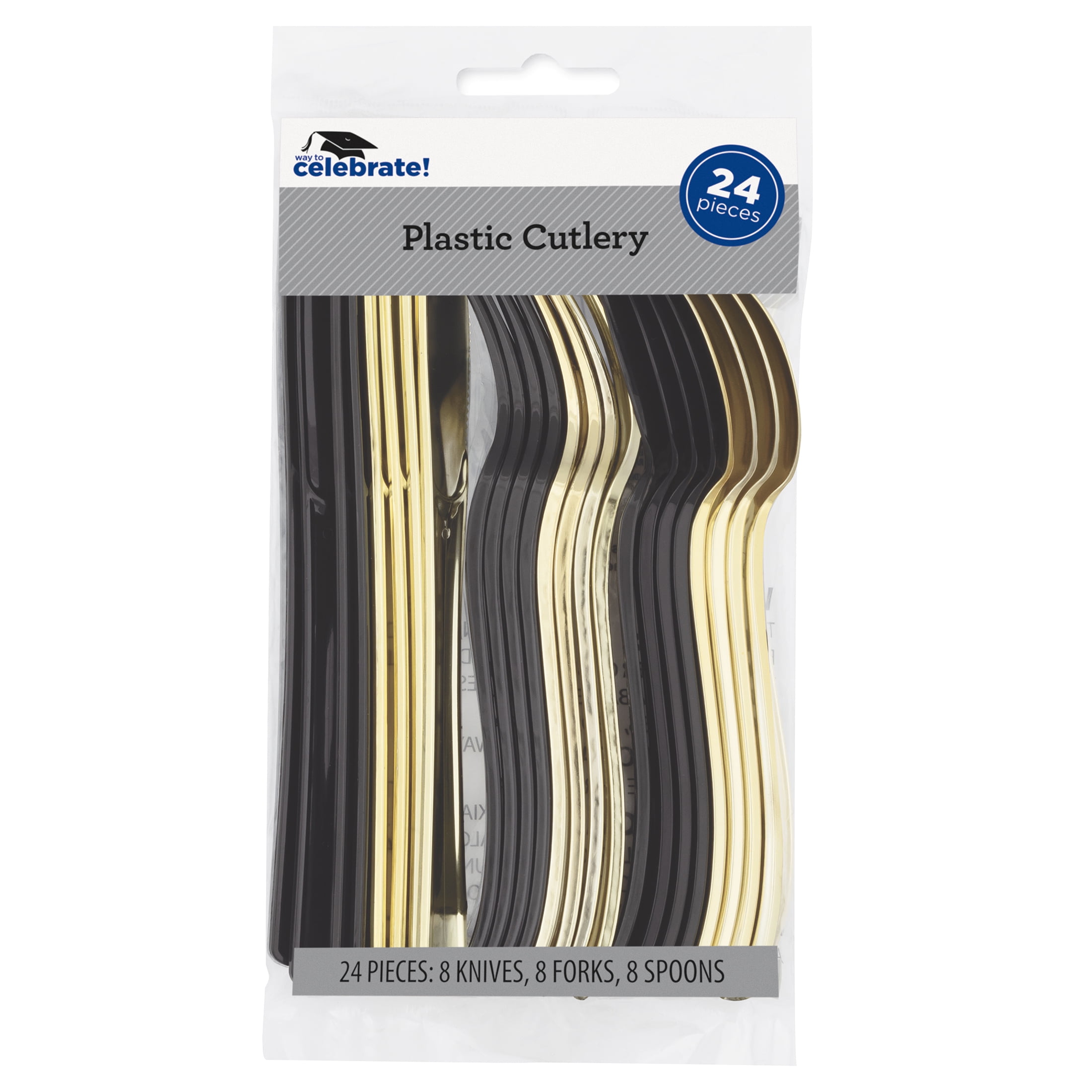 Way To Celebrate Disposable Metallic Plastic Cutlery Set (Black and Gold, 24 Count) 1ulz8