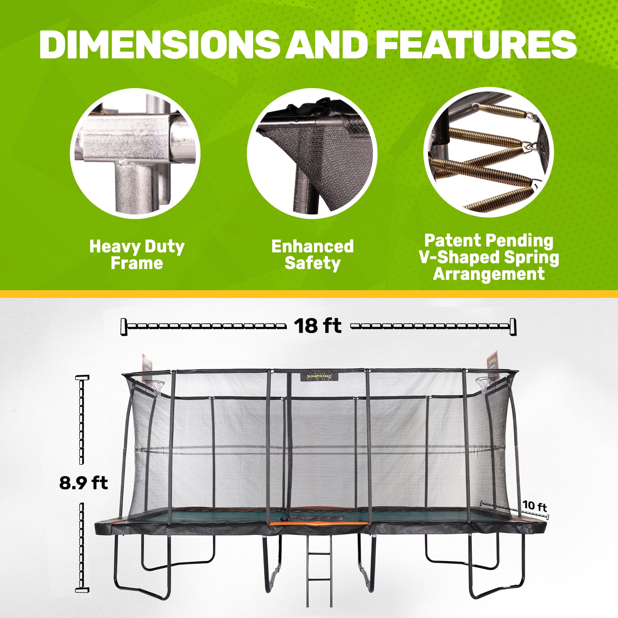 JumpKing 10 ft x 18 ft Rectangular Trampoline with 2 Basketball Hoops and Ladder (Black, 10 ft x 18 ft) cjfhf
