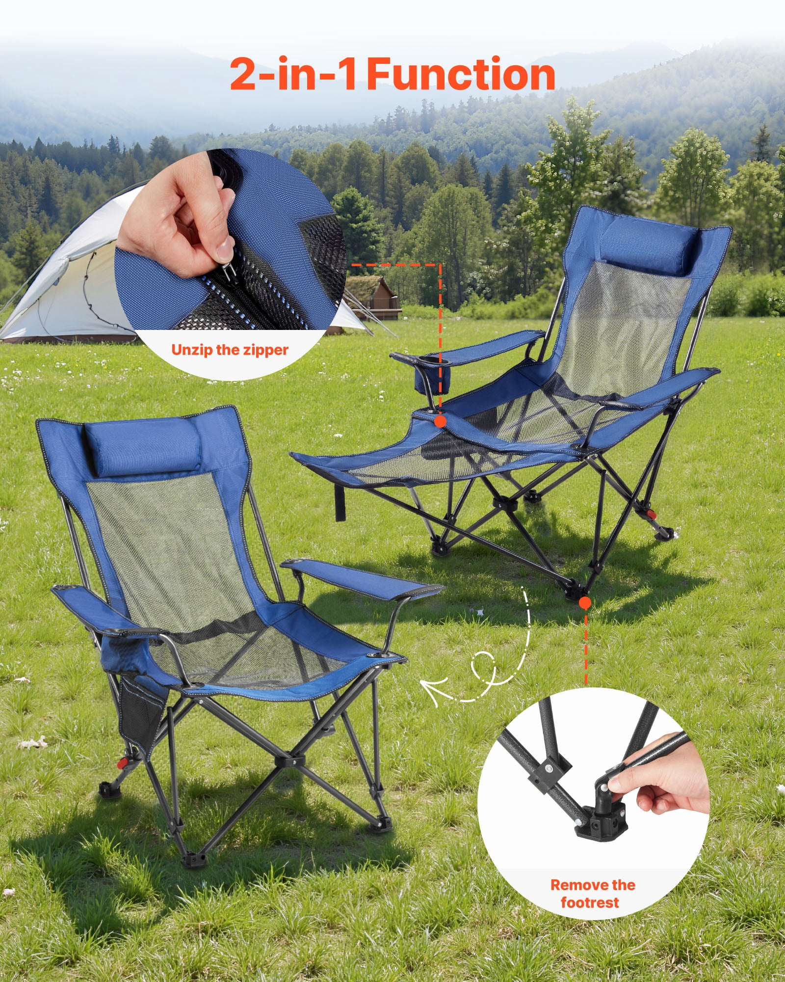 VEVOR Reclining Camping Chair, Portable Folding Lounger with Headrest and Foot Rest (Blue, 220 lb Capacity) q3ppj