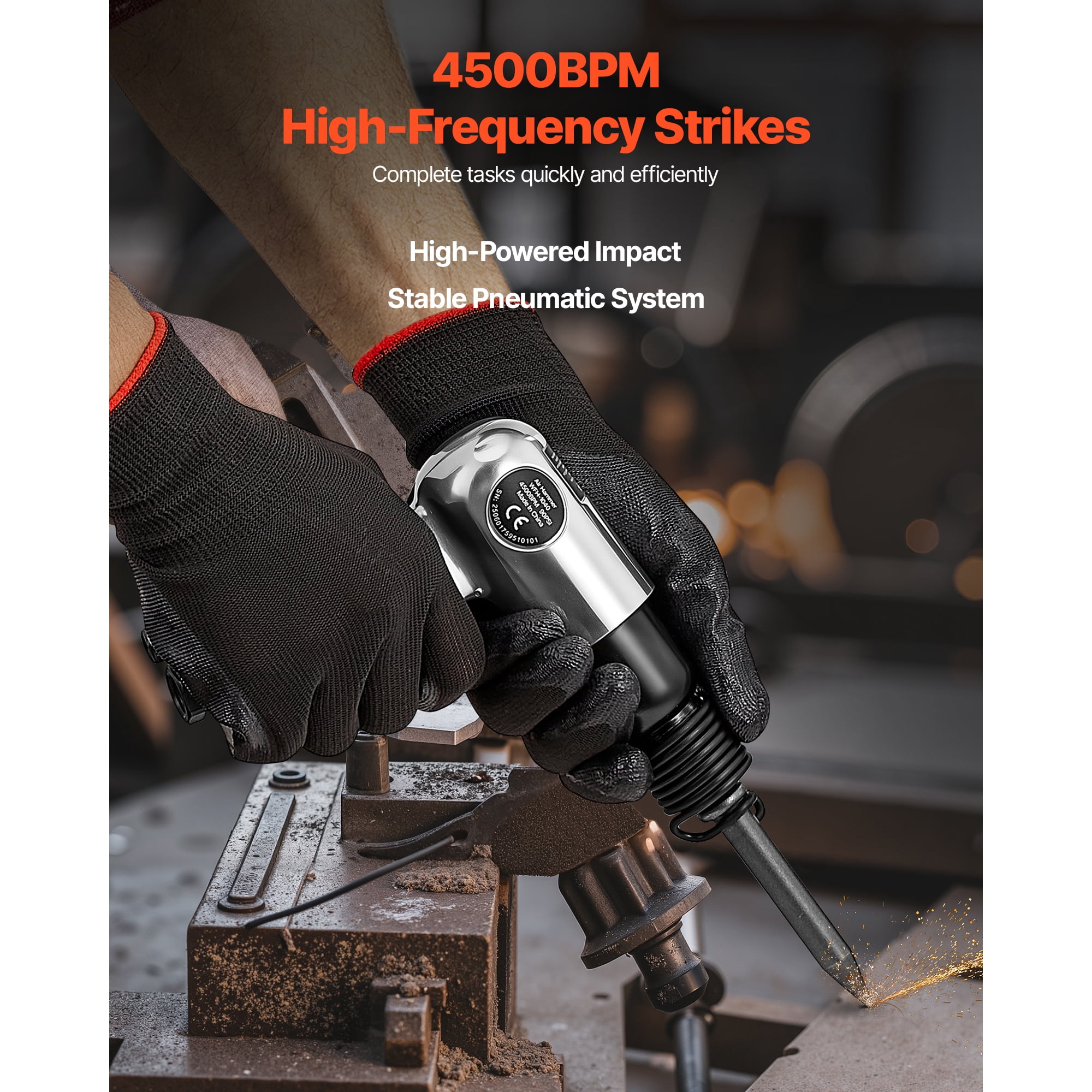KFFKFF Pneumatic Air Hammer, 4500 BPM Heavy-Duty Air Chisel Tool with 1.57-inch Stroke and 4 Chisels (Silver) nzsow