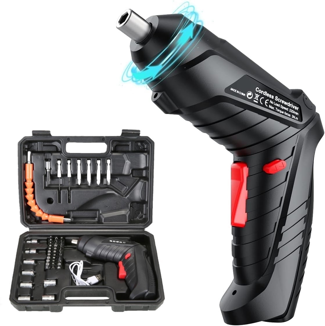 BN-LINK Cordless Electric Screwdriver Set, USB Rechargeable Power Tool with Rotating Handle, LED Light, and 45-Piece Accessory Kit 8hzow