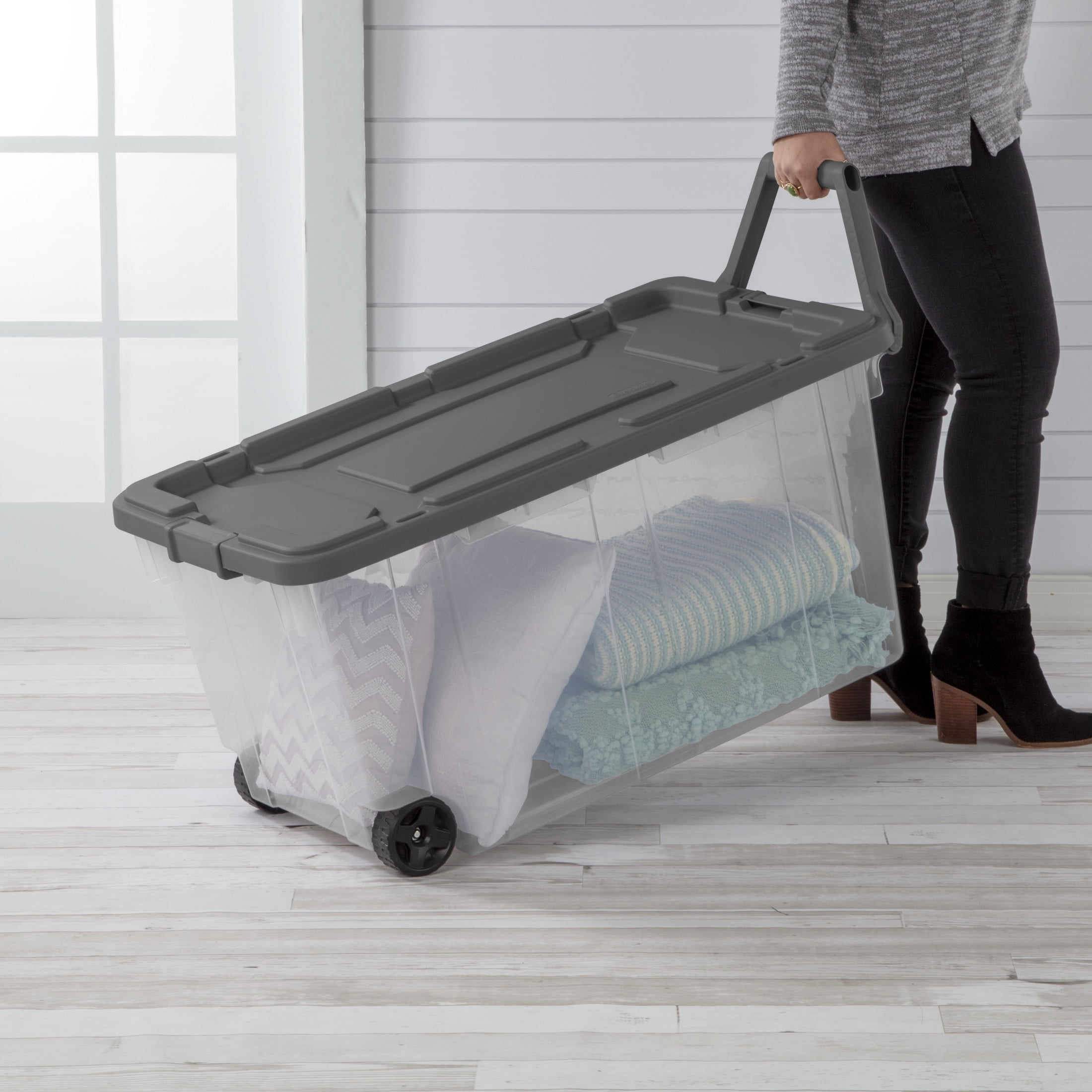 Sterilite 160 Quart Wheeled Storage Box, Extra Large Durable Plastic Bin with Latch Lid (Clear, 160 Quart) 1h5xi