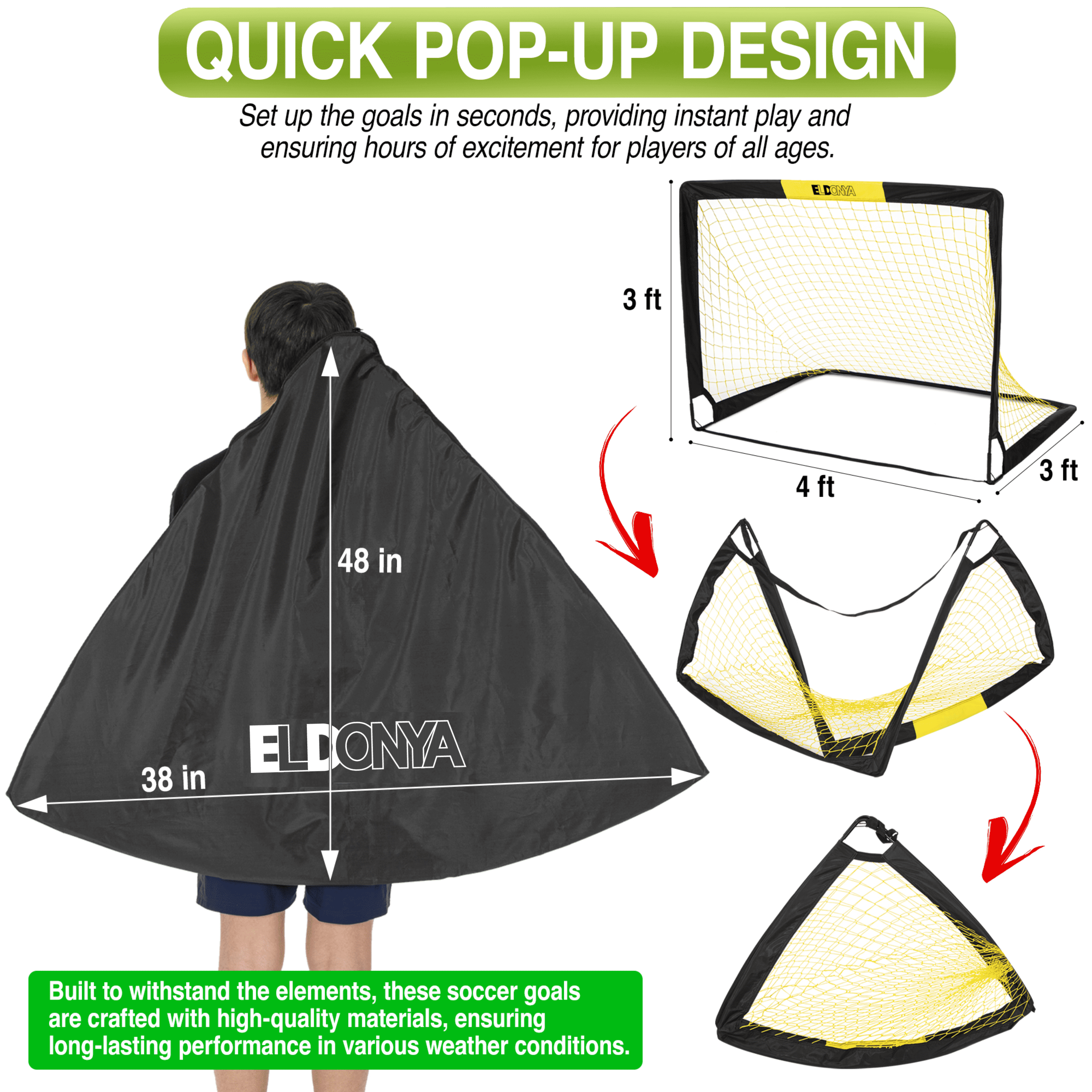 ELDONYA Kids Soccer Goals Set of 2, Portable Pop-Up Training Nets for Backyard and Indoor Practice (Black, 4 ft x 3 ft) h8ds3