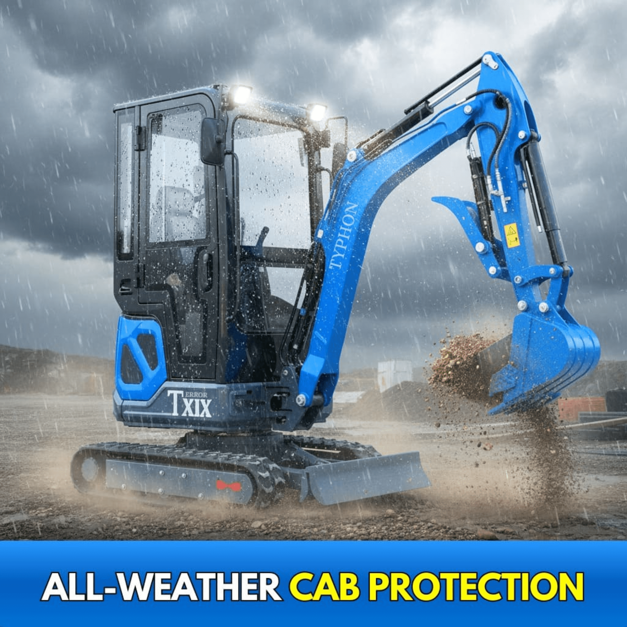 TYPHON Terror XIX Prestige Mini Excavator, Kubota D902 Engine, Retractable Tracks, A/C Cabin (Blue, 4200 lb) z1gue