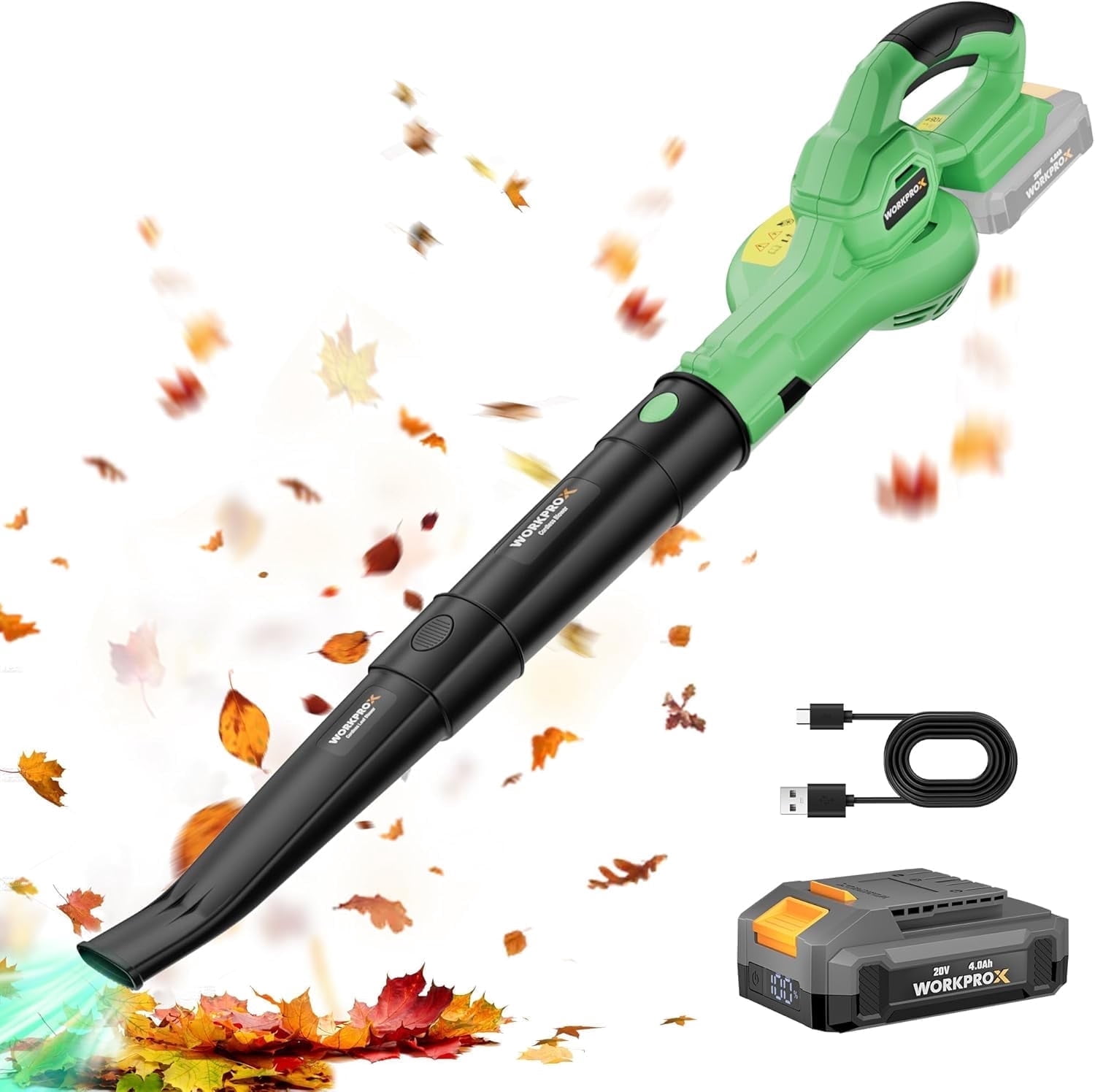 WORKPROX Cordless Leaf Blower, 20V Electric Power Sweeper with 4.0Ah Battery & LED Display, 138 MPH High-Speed Airflow for Lawn, Patio, and Garden (4.08 lb) 3pb6j