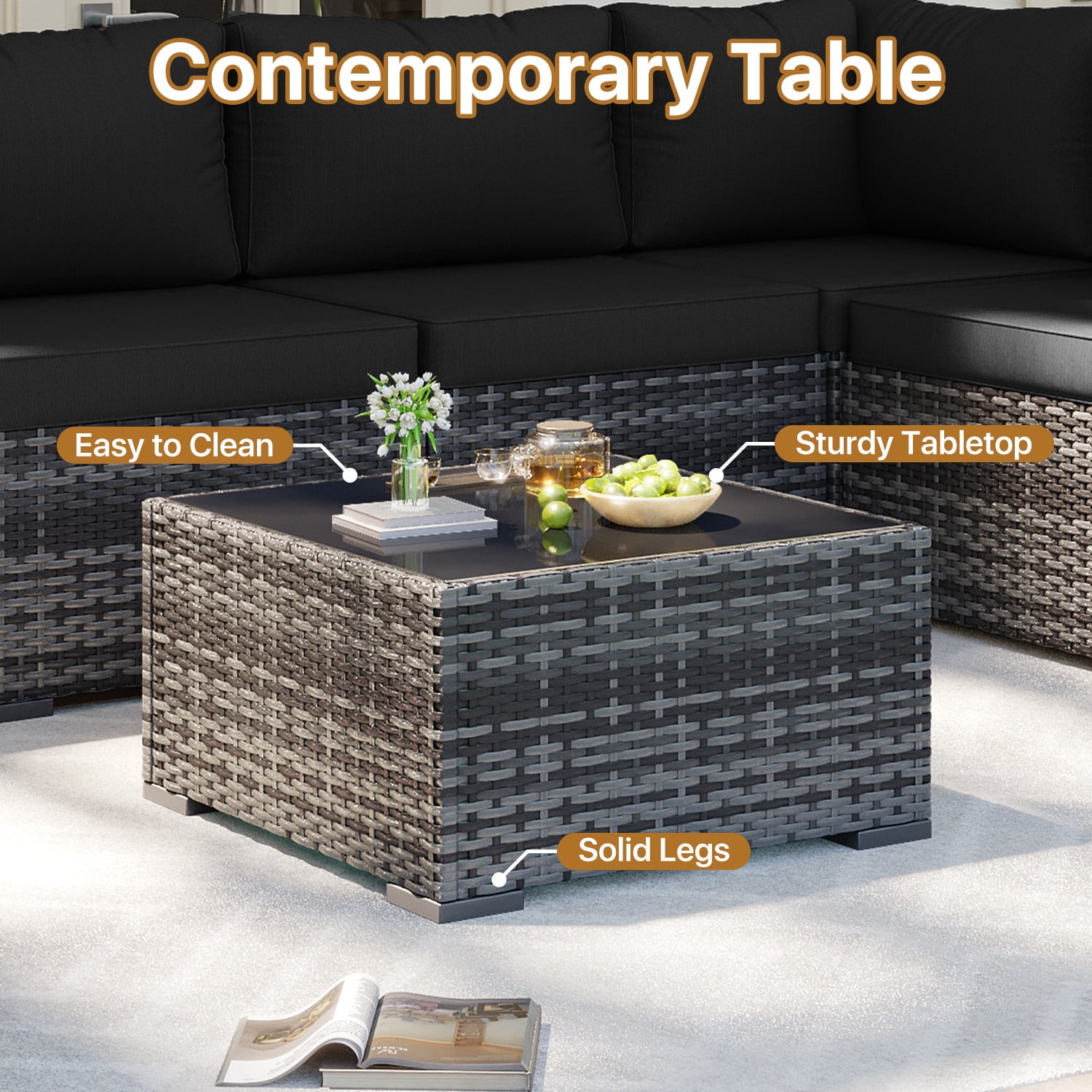 BaPiPro 7-Piece Outdoor Patio Furniture Set, Wicker Rattan Sectional Sofa with Coffee Table (Gray, 7-Piece Set) pti8t