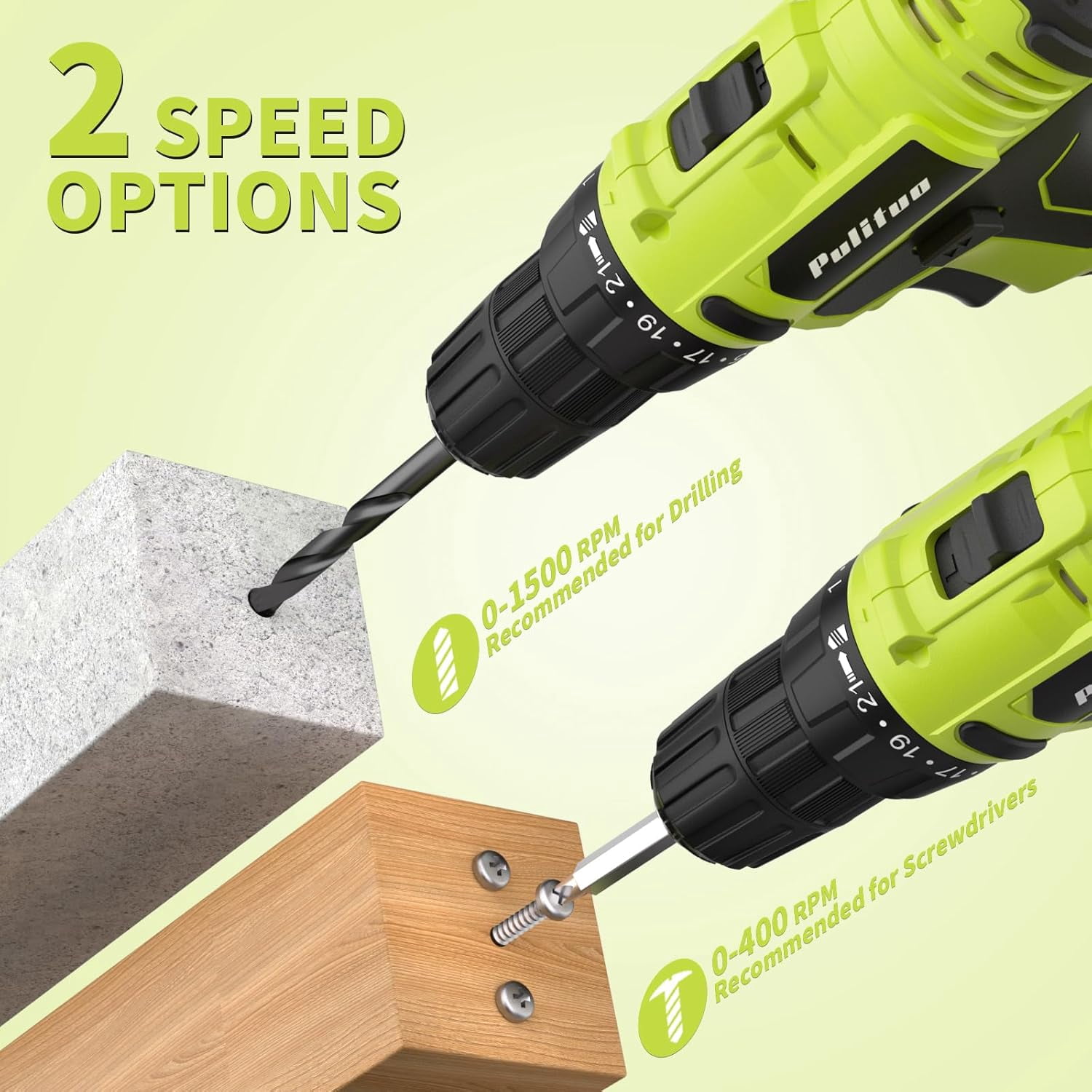 Pulituo 20V Cordless Drill Driver Kit, All-Purpose Home Repair Tool Set with 119 Pieces (Green, 119-Piece Set) gevl8