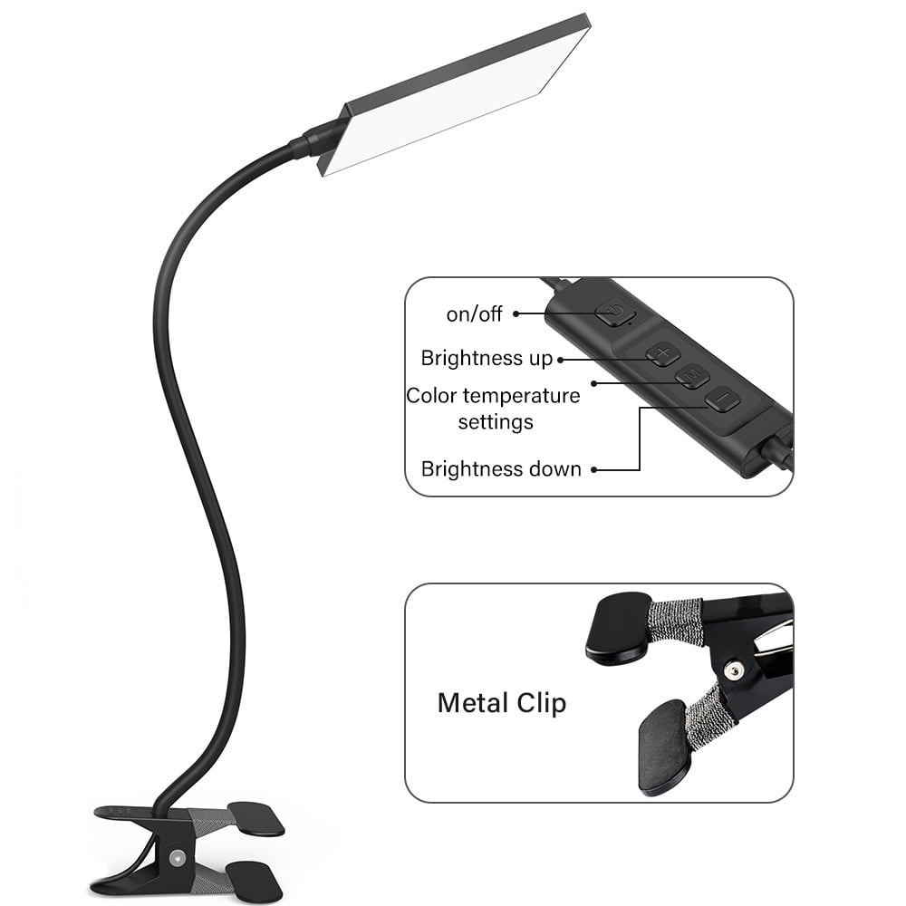 Aiibe LED Desk Lamp with Clamp, Dimmable Reading Light, 3 Color Modes & 11 Brightness Levels, Flexible Gooseneck (Black, 5W) 3kdzz