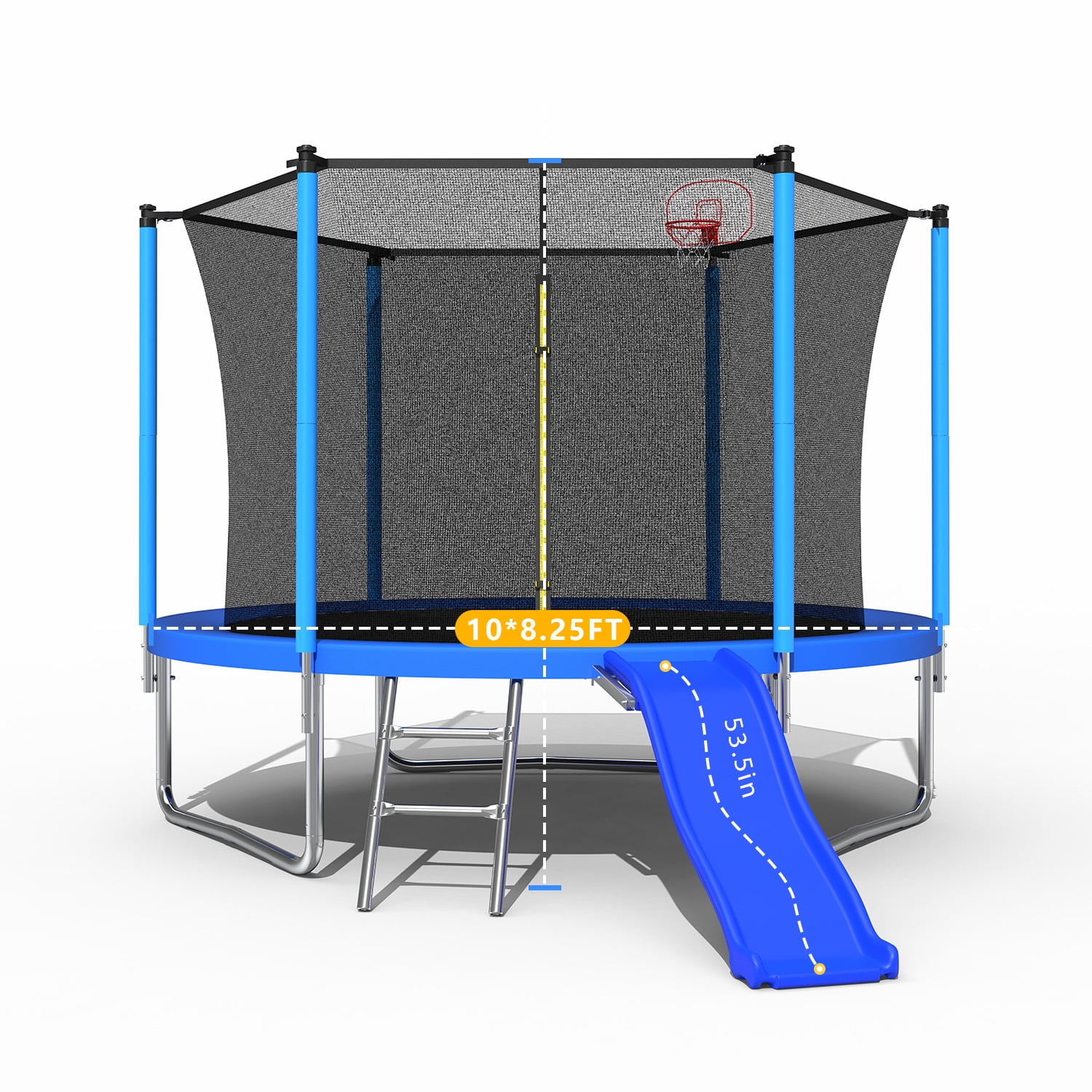 Mersco 10 ft Heavy Duty Outdoor Trampoline with Enclosure Net, Slide, and Basketball Hoop (Blue, 10 ft) 7vhxm