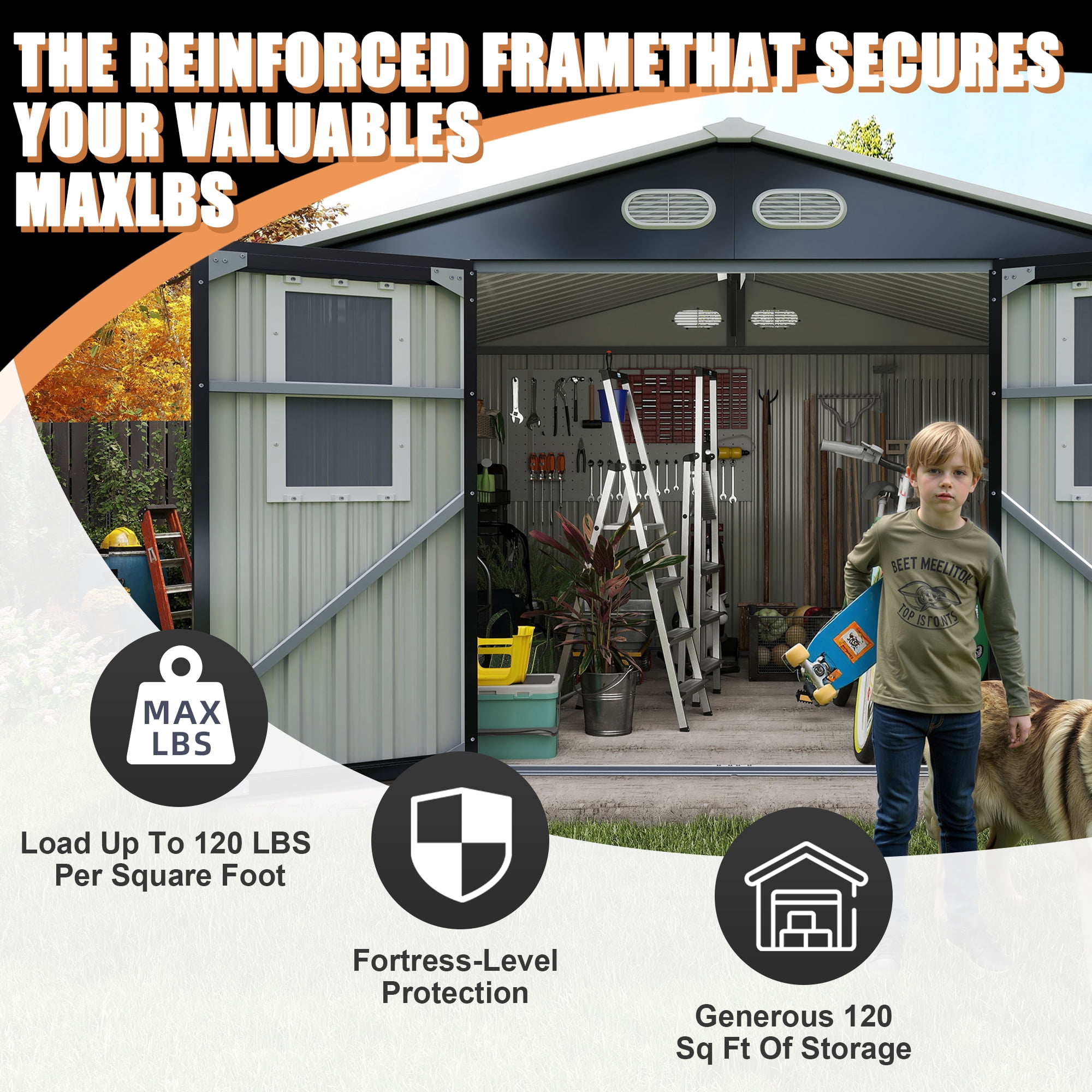 Olurrisa Outdoor Storage Shed, Metal Garden Tool Shed with 4 Windows and Lockable Door (Dark Gray, 8 ft x 8 ft) 3yi8b