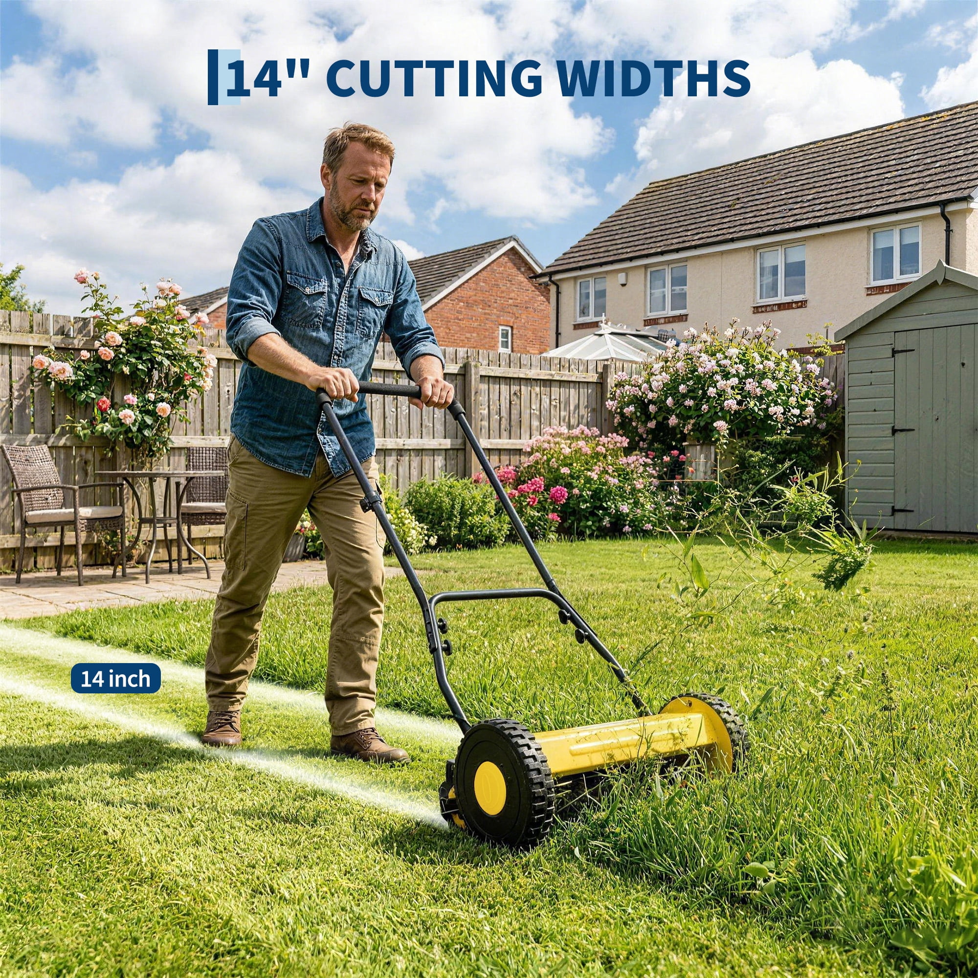 MAROUTE Manual Push Reel Lawn Mower, 5-Blade Precision Cutting, Adjustable Height, Eco-Friendly Hand Mower (Yellow, 16 in) 7j6n4