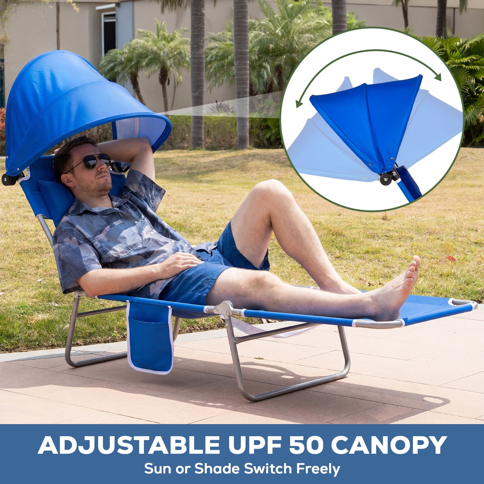 SUNSPIRE Folding Beach Lounge Chair with Canopy, Portable Reclining Sun Lounger with Face Hole and Side Pocket (Blue) e7mk6