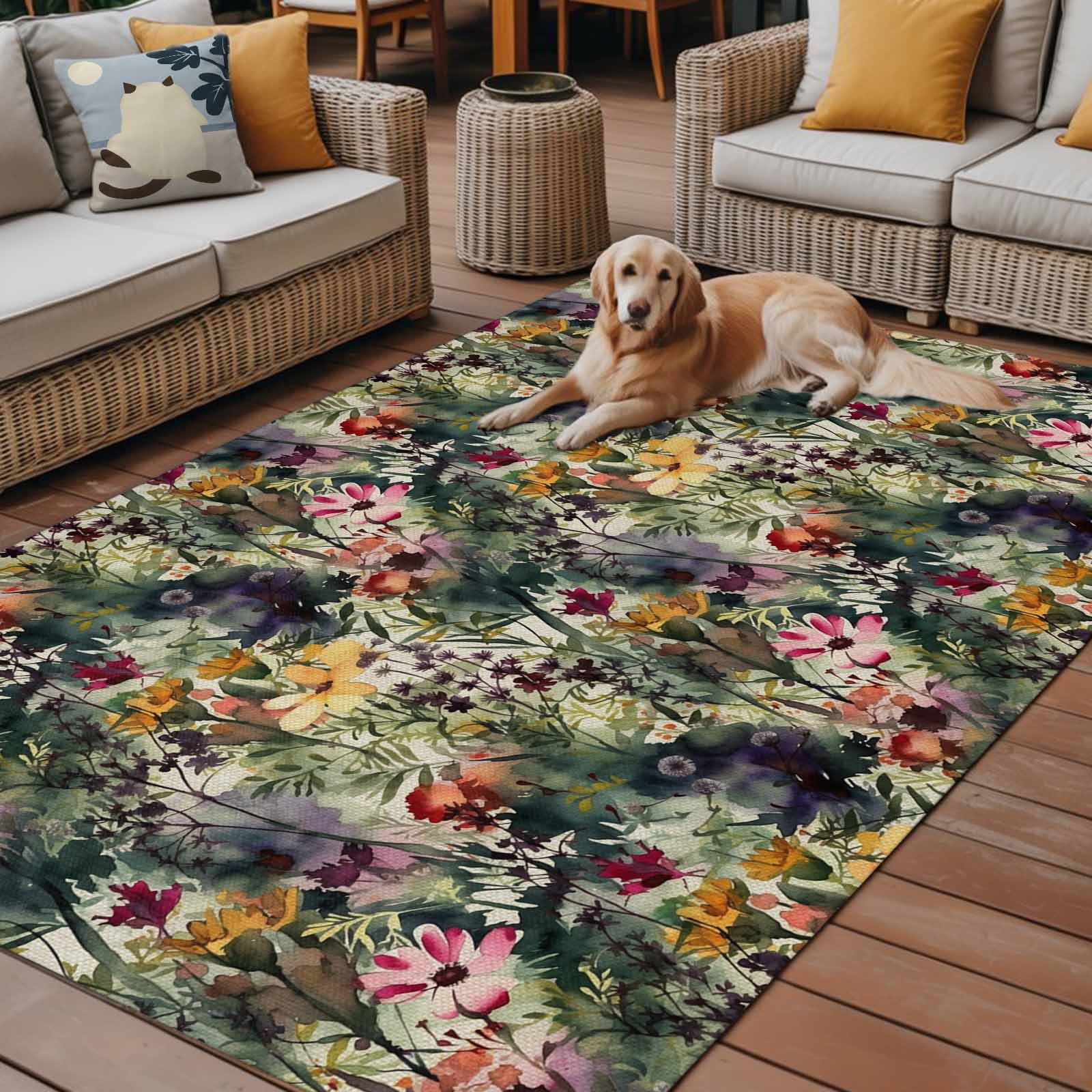 LBCASA Outdoor Rug Floral Watercolor Washable Area Carpet for Patio Deck and RV (Green, 5 ft x 7 ft) n3x34