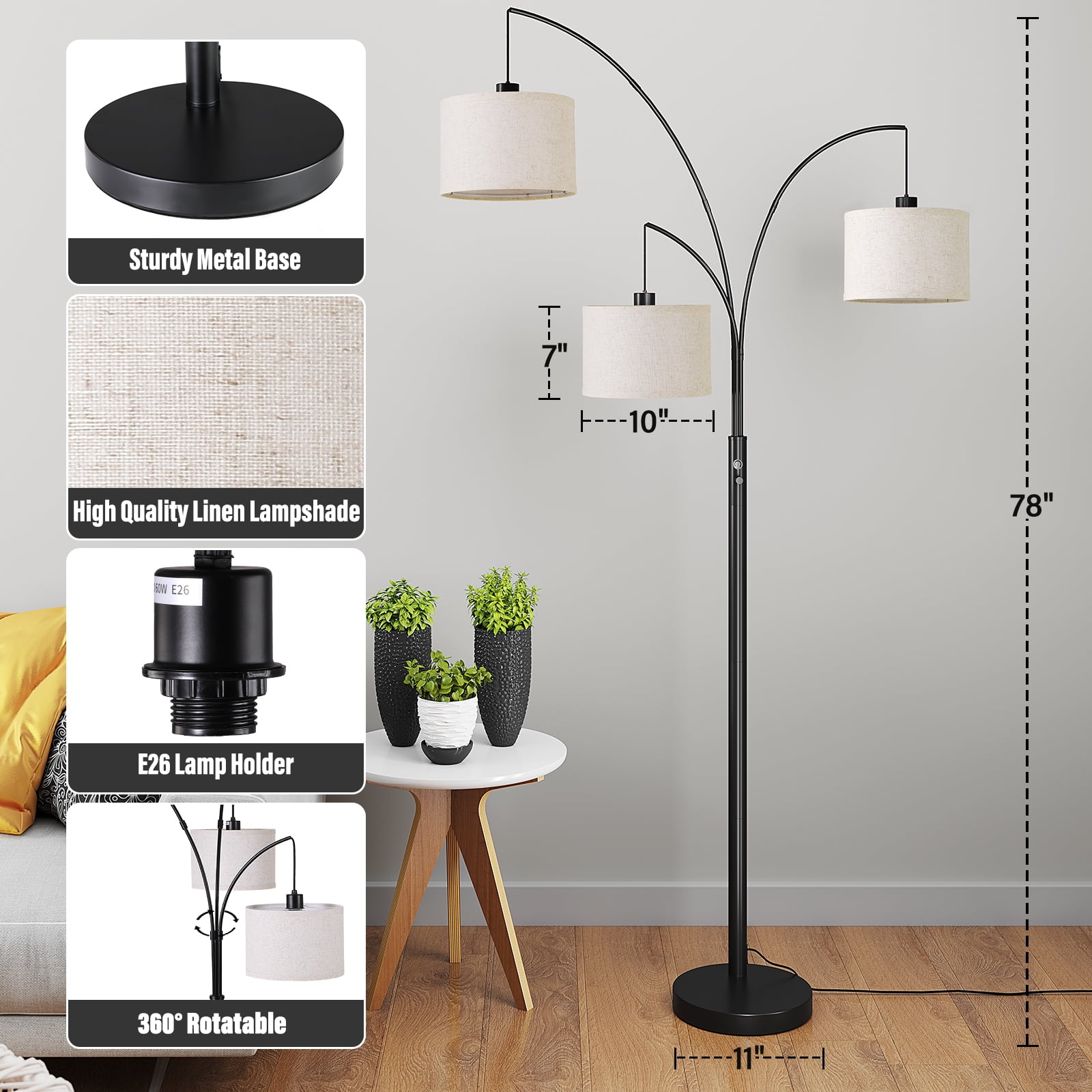 SUNMORY 3-Light Arc Floor Lamp, Modern Standing Tree Lamp with Hanging Drum Shades and Heavy Base (Black, 78 in) lv86l