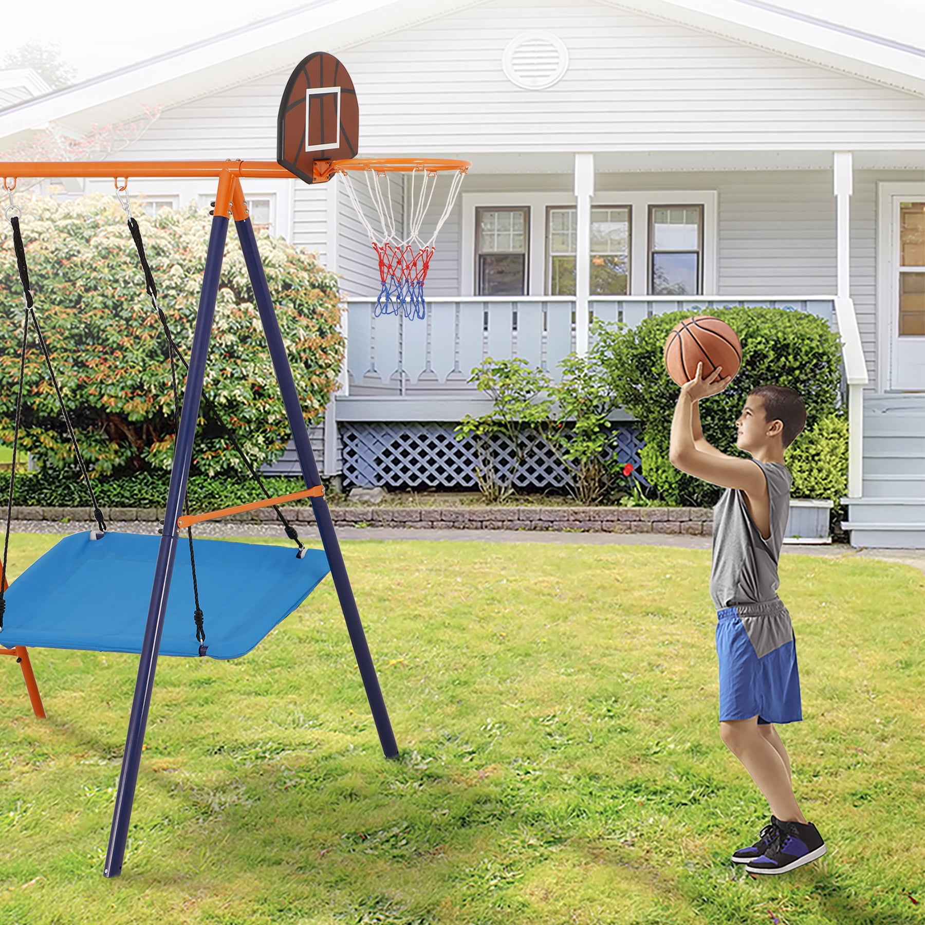 ZenSports 5-in-1 Outdoor Kids Swing Set with Saucer Swing, Belt Swing, Seesaw, Basketball Hoop, and Climbing Ladder (Orange, 660 lb Capacity) wfok7