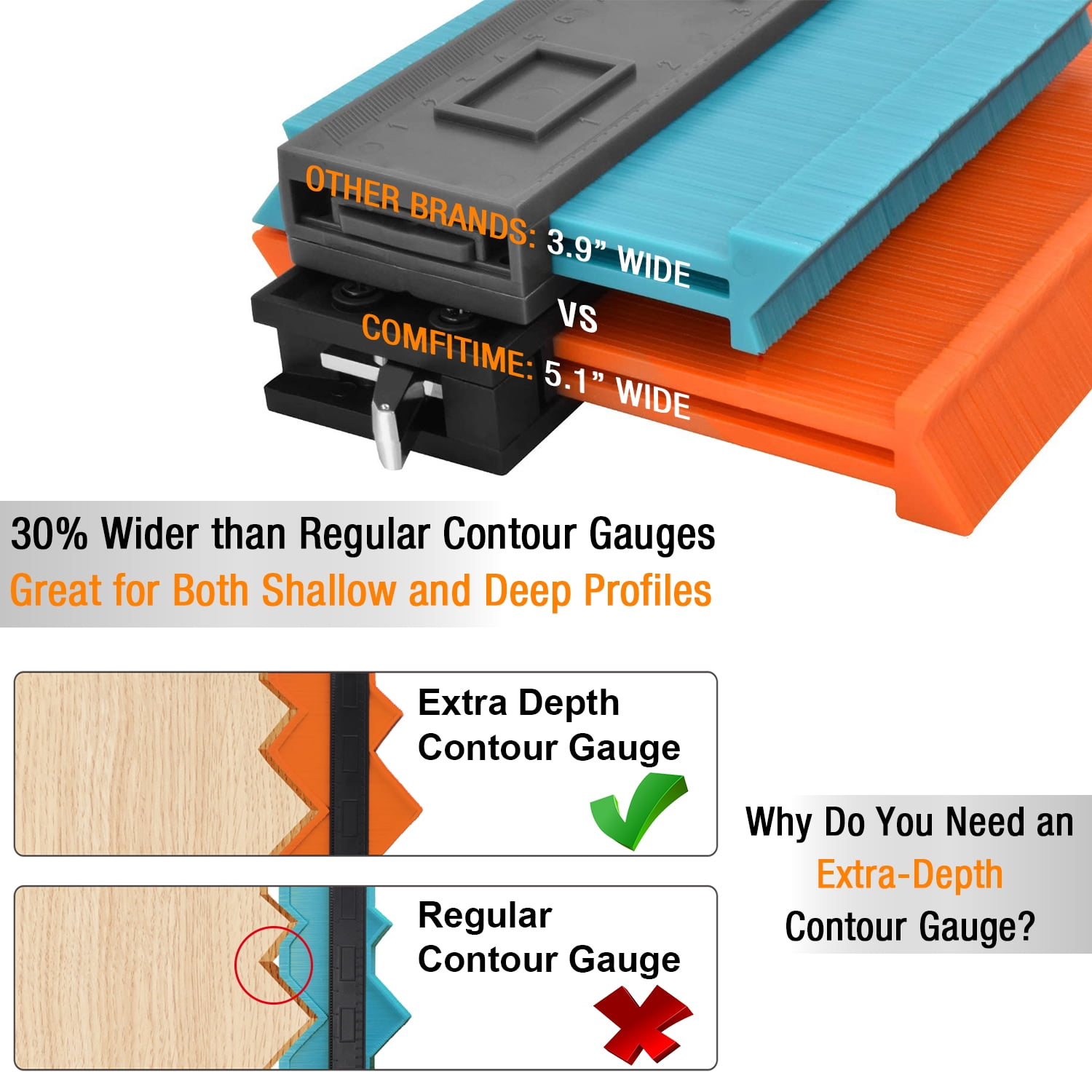 ComfiTime Contour Gauge Profile Tool with Lock (2-Pack, 10 in and 5 in, Orange) icunf