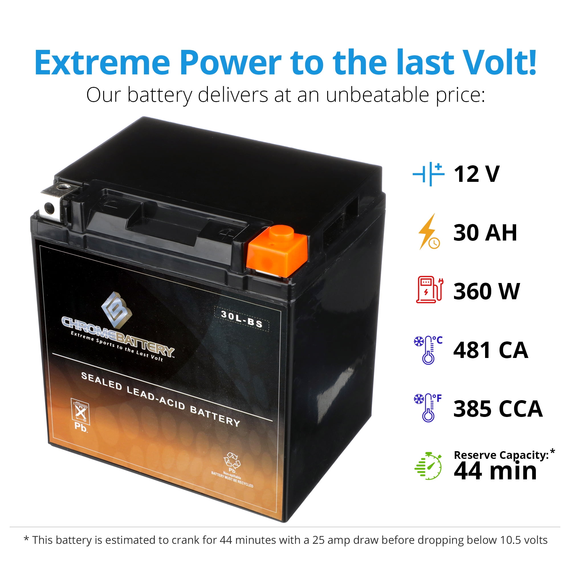 Chrome Battery YTX30L-BS AGM Motorcycle Battery for Harley-Davidson FL FLH Touring (12V, 30Ah, 385 CCA) mc6bx