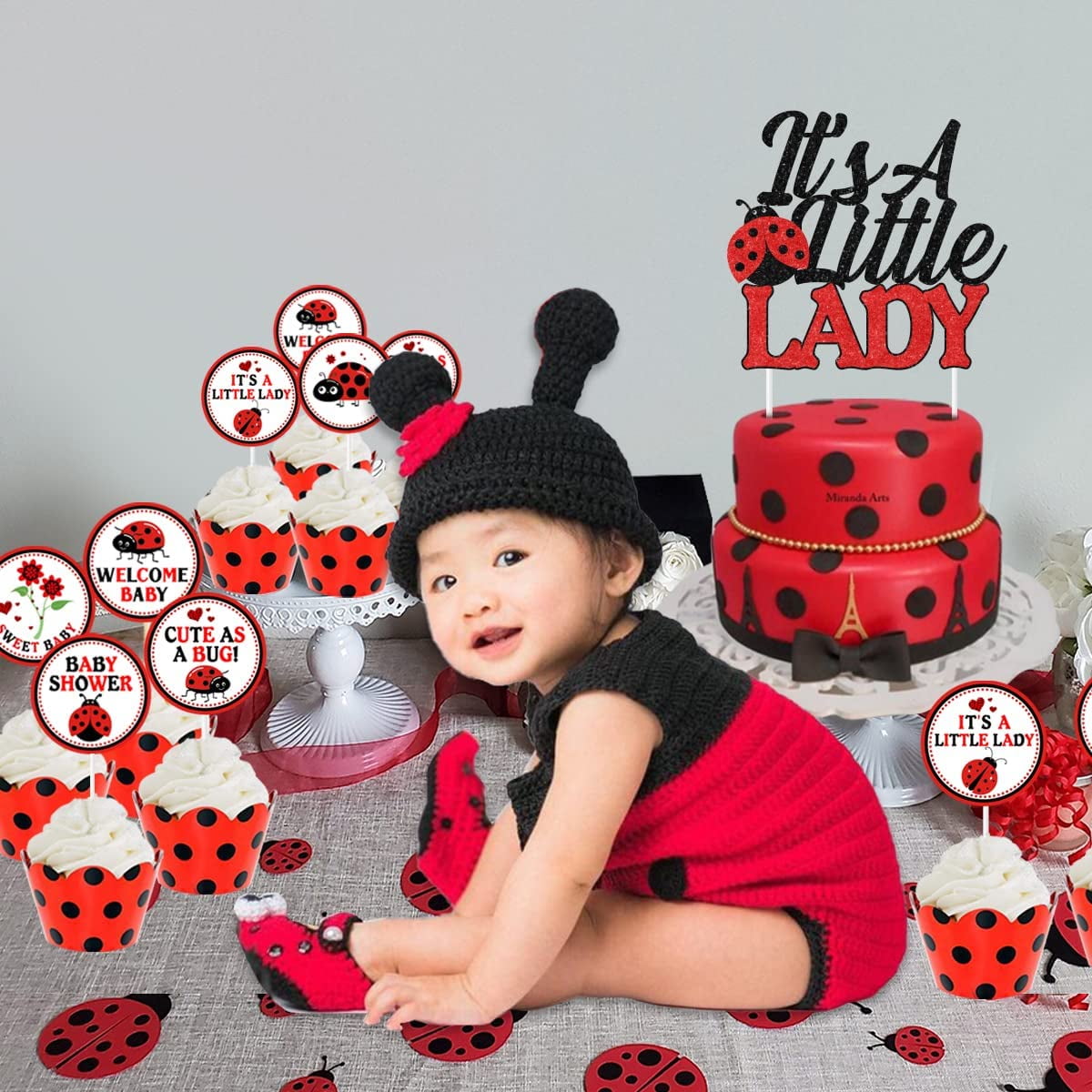 Cheereveal Ladybug Cake Topper Set for Baby Shower and Birthday Party (Red, 25 Pieces) 6zcho