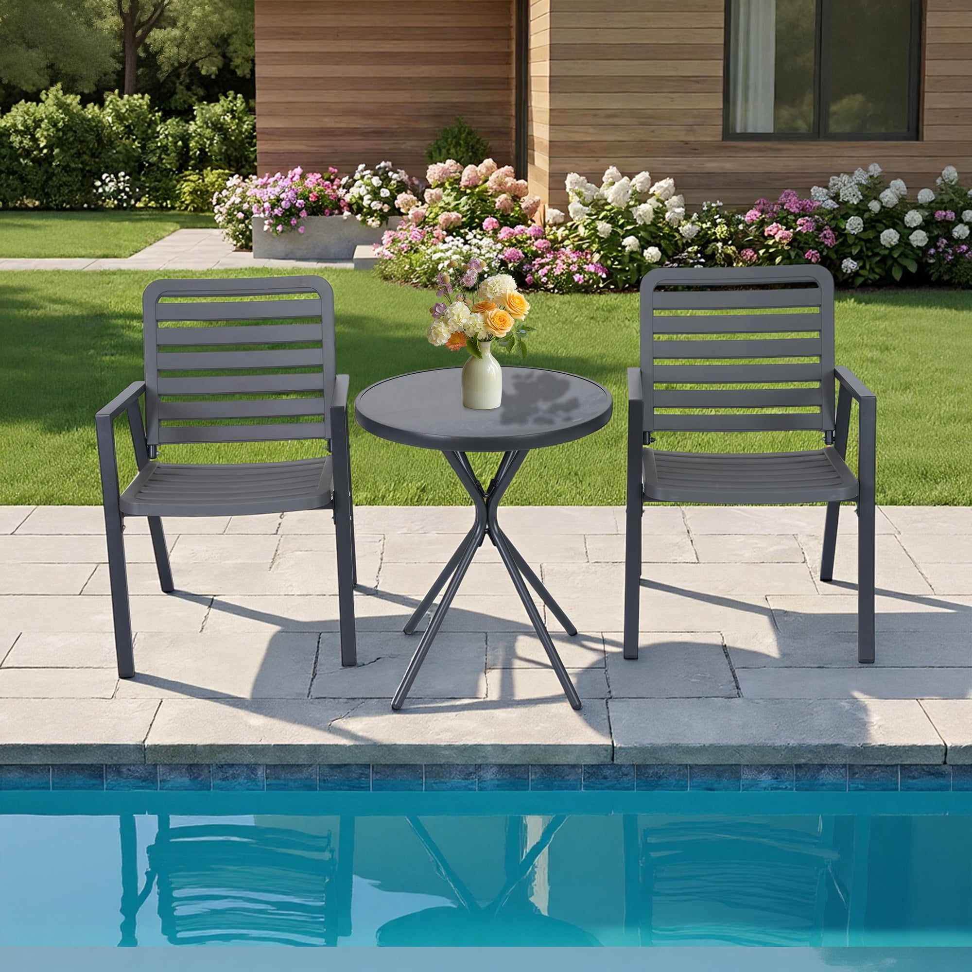 DELMANGO Outdoor Patio Dining Chairs with Metal Frame, All-Weather Garden Seating (Gray, Set of 2) e6uyh