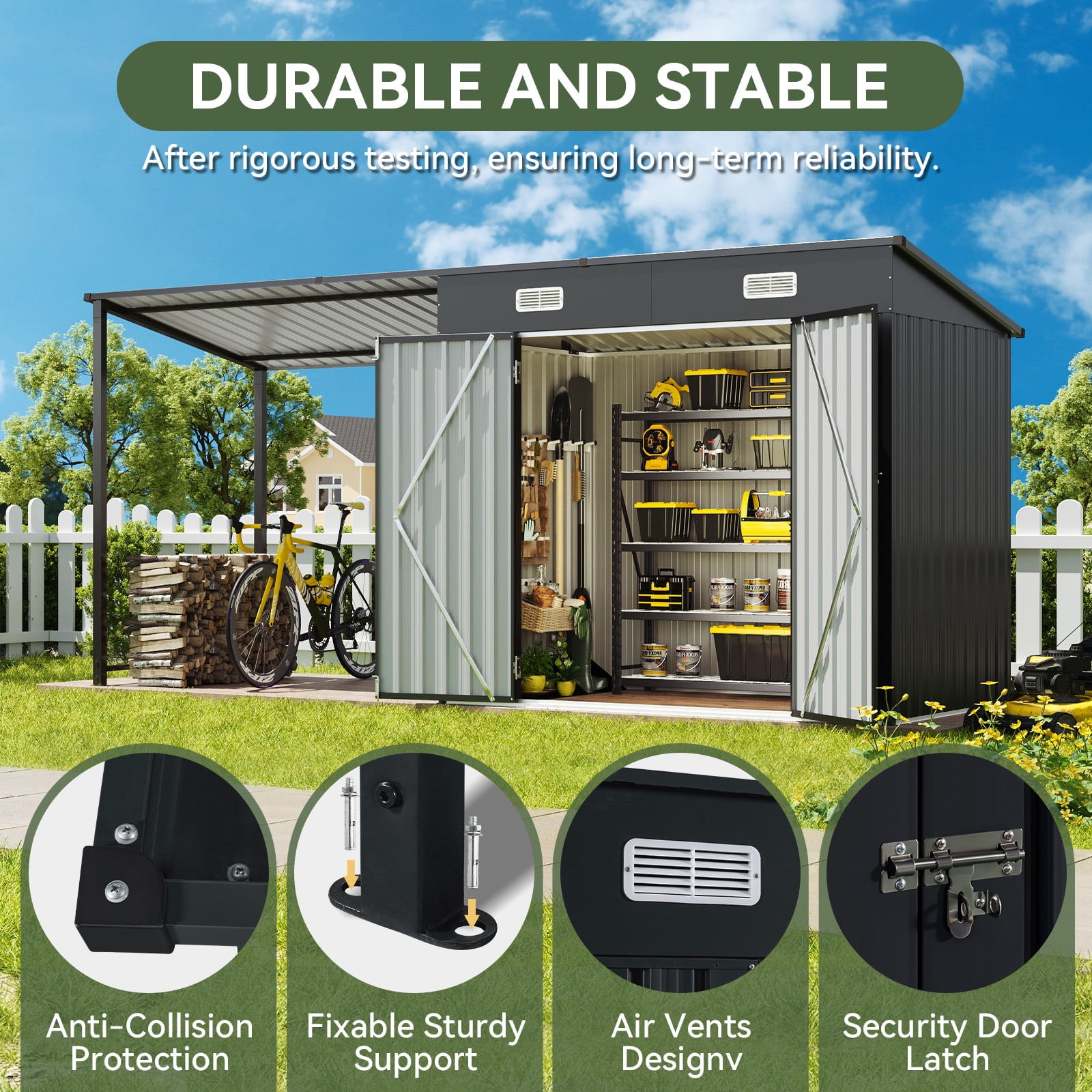 CLOUDDWELL Metal Storage Shed with Hardtop Pergola (Black, 153 in x 50 in x 73 in) zimnn