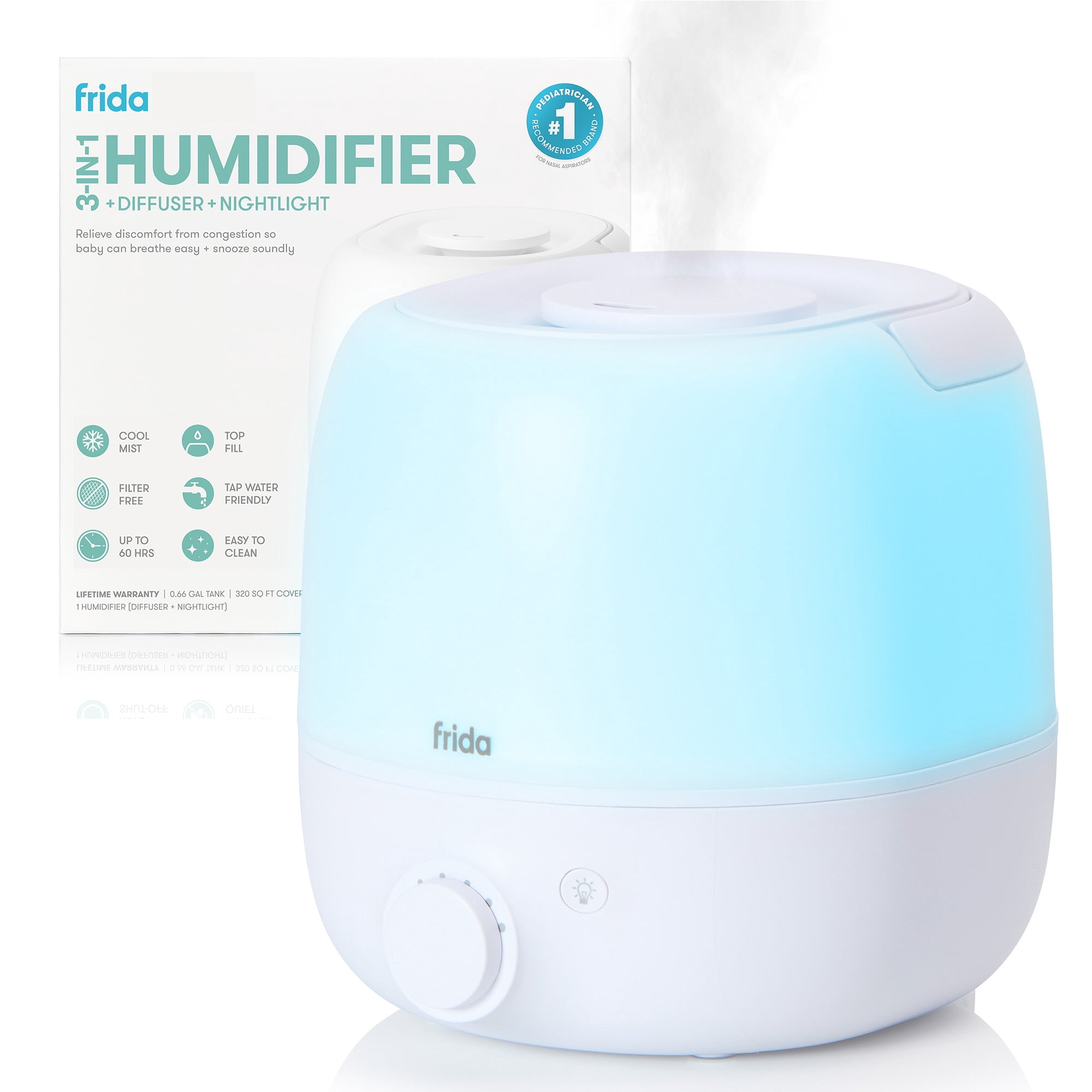 Frida Baby 3-in-1 Ultrasonic Cool Mist Humidifier, Essential Oil Diffuser, and Nightlight (White, 0.66 gal) oe8nm