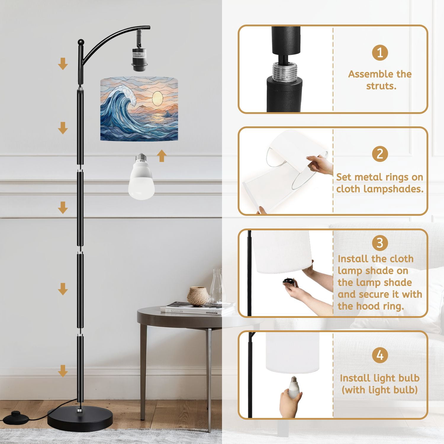 RAINFALLARING Arc Floor Lamp with Adjustable Lampshade, Dimmable LED Standing Pole Lamp with Remote and Foot Switch (Ocean Wave, 63 in) gg34s